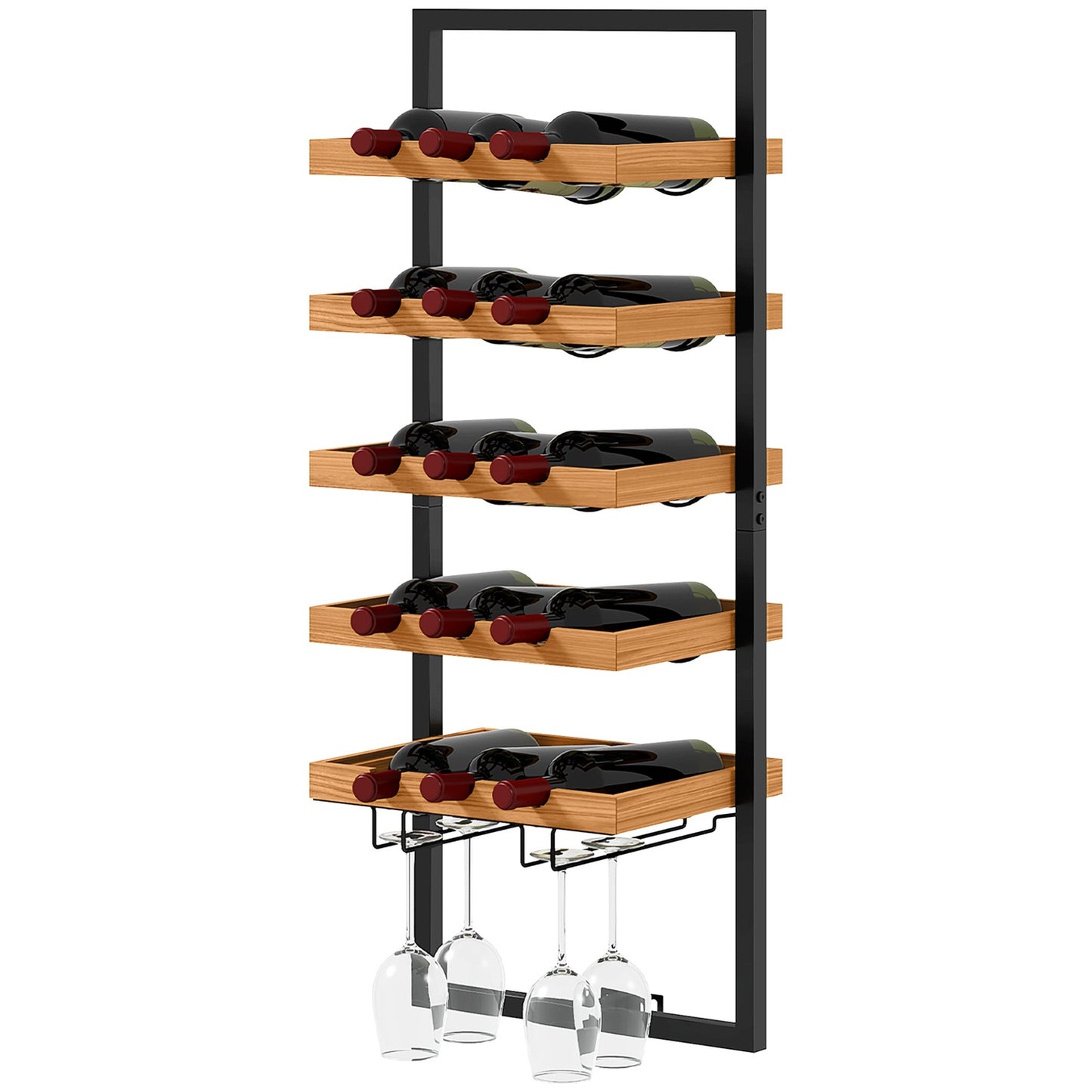 Wall-mounted 5-tier wine rack, holds 15 bottles and 4 glasses
