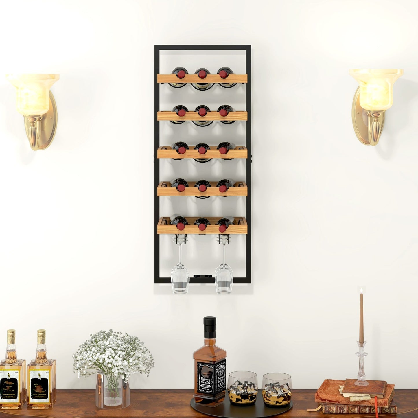 Wall-mounted 5-tier wine rack, holds 15 bottles and 4 glasses