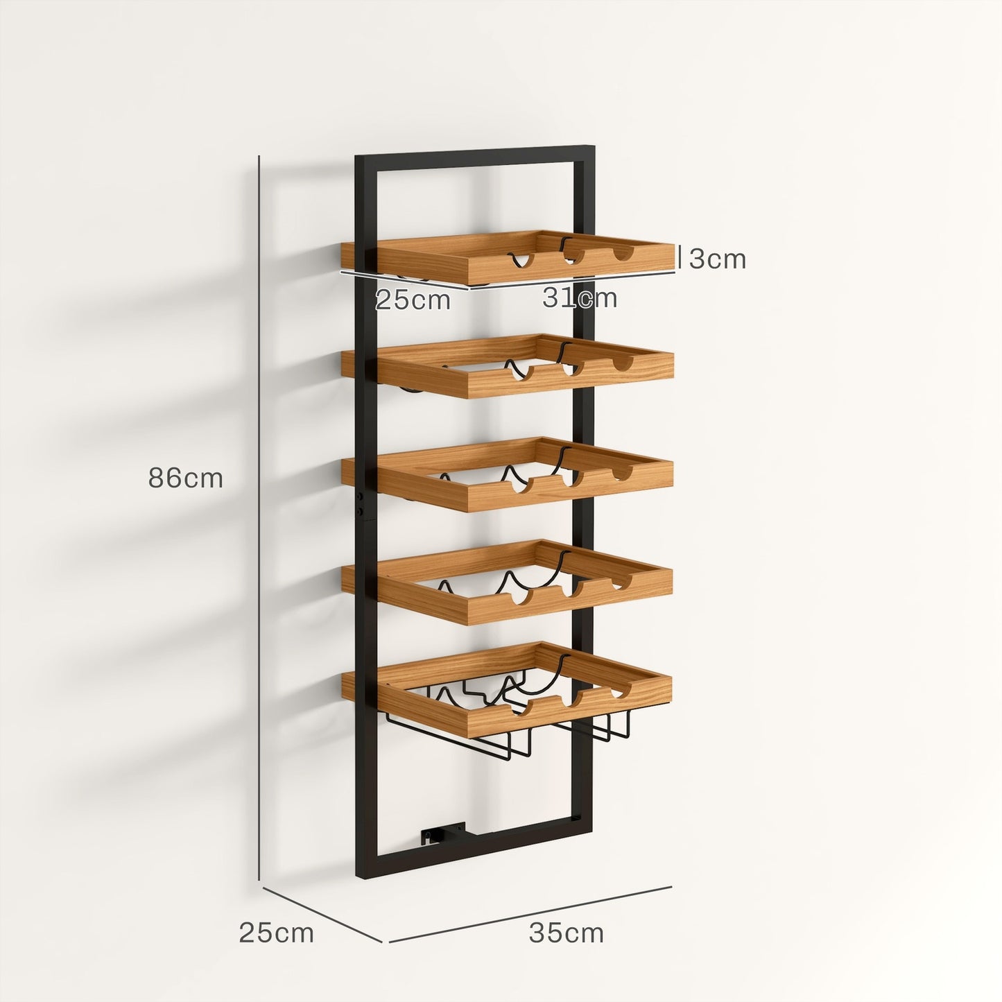 Wall-mounted 5-tier wine rack, holds 15 bottles and 4 glasses