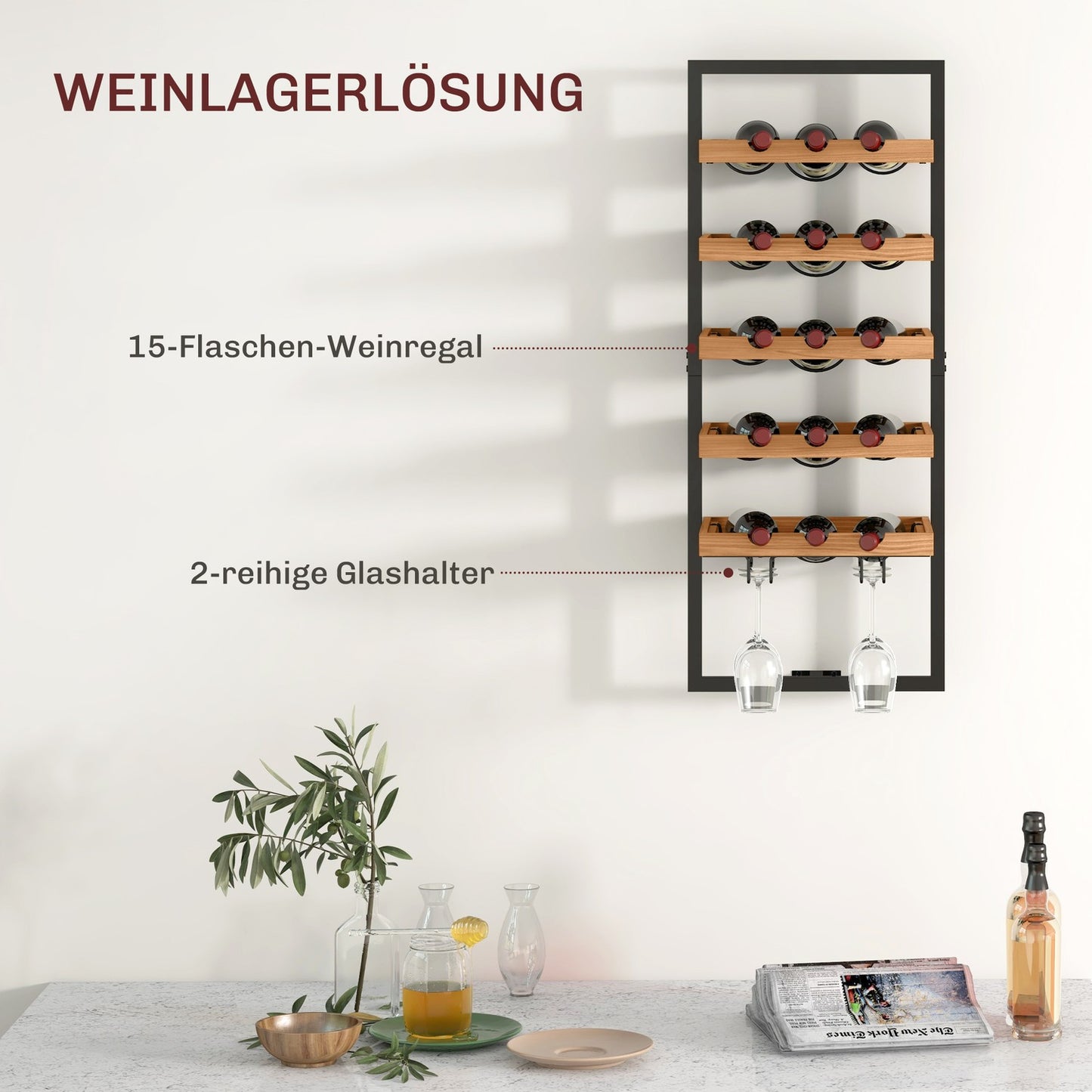 Wall-mounted 5-tier wine rack, holds 15 bottles and 4 glasses