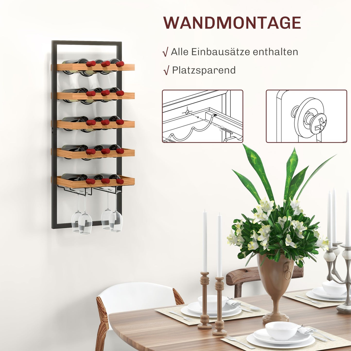 Wall-mounted 5-tier wine rack, holds 15 bottles and 4 glasses