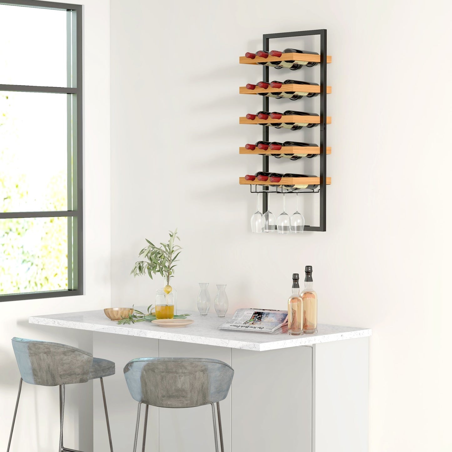 Wall-mounted 5-tier wine rack, holds 15 bottles and 4 glasses