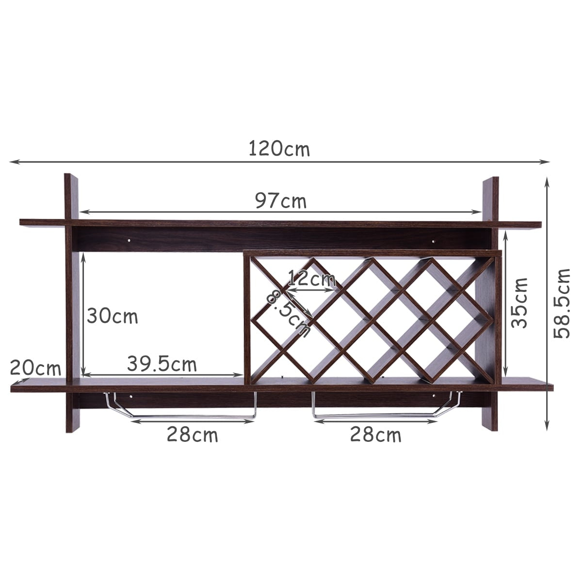 Wall-Mounted Wine Rack with Glass Holder, Holds 10 Bottles