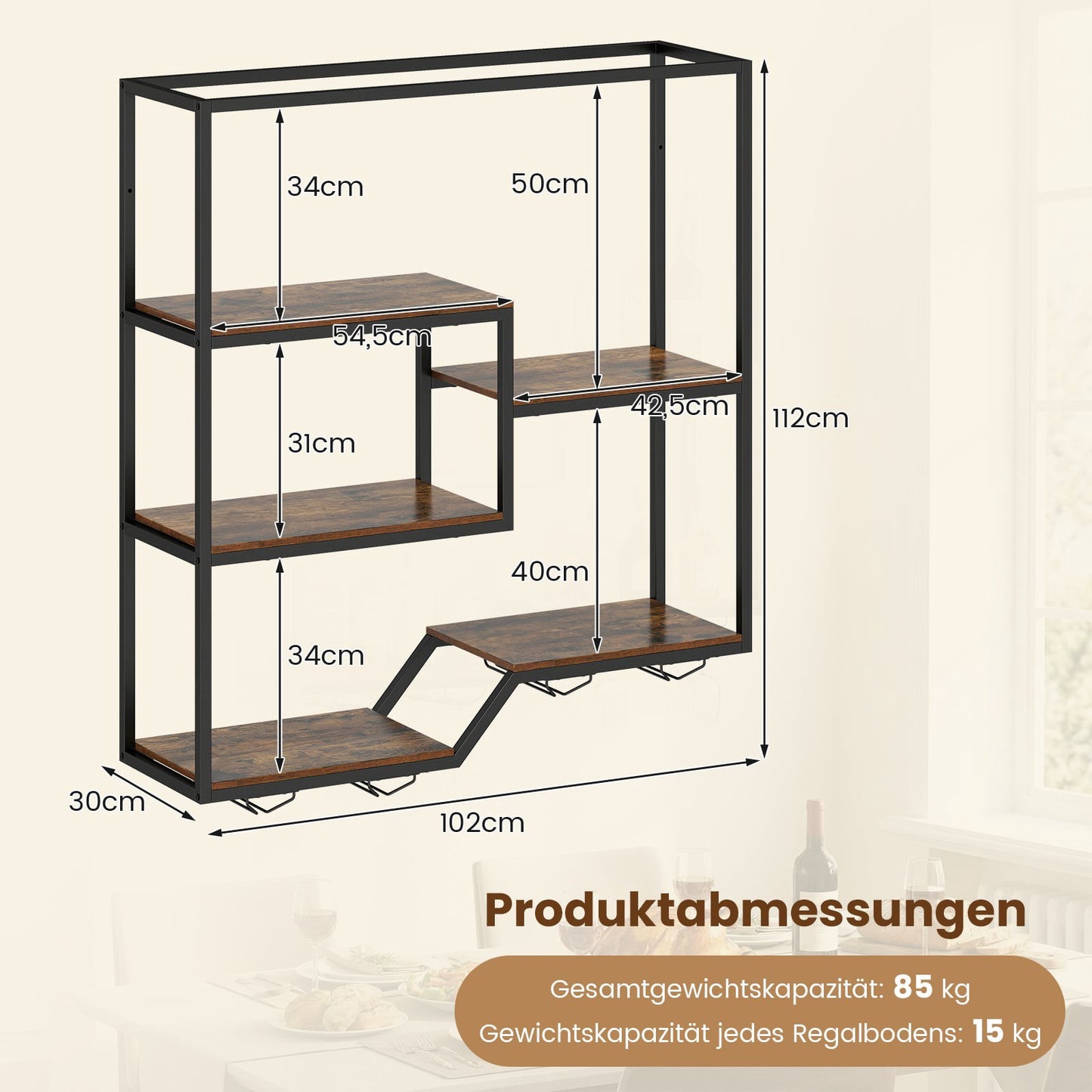 Wall-Mounted Wine Rack with Glass Holder, Rustic Brown