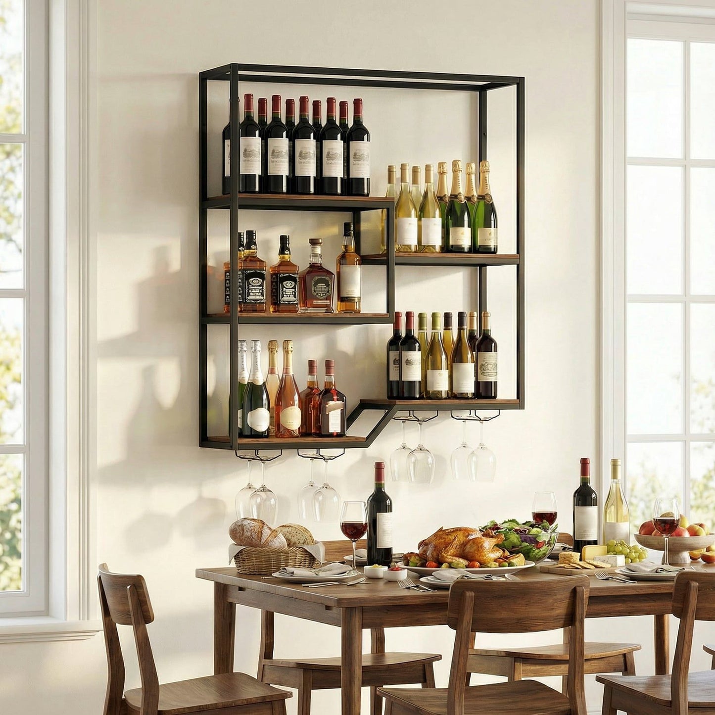 Wall-Mounted Wine Rack with Glass Holder, Rustic Brown