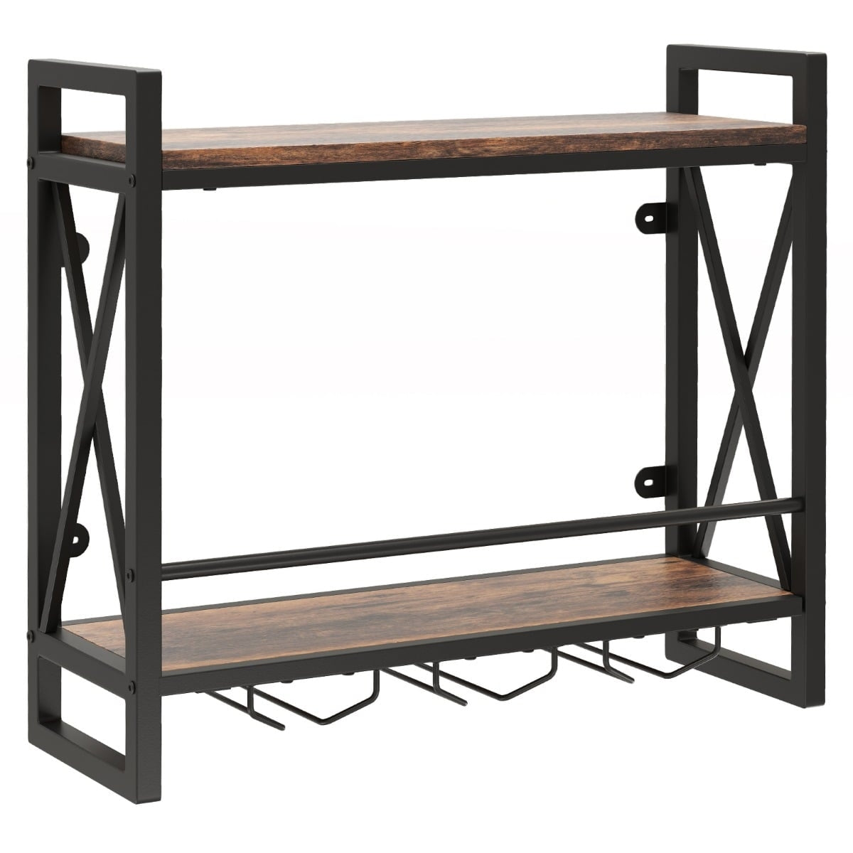 Wall-Mounted Wine Rack with Glass Holders, Rustic Brown