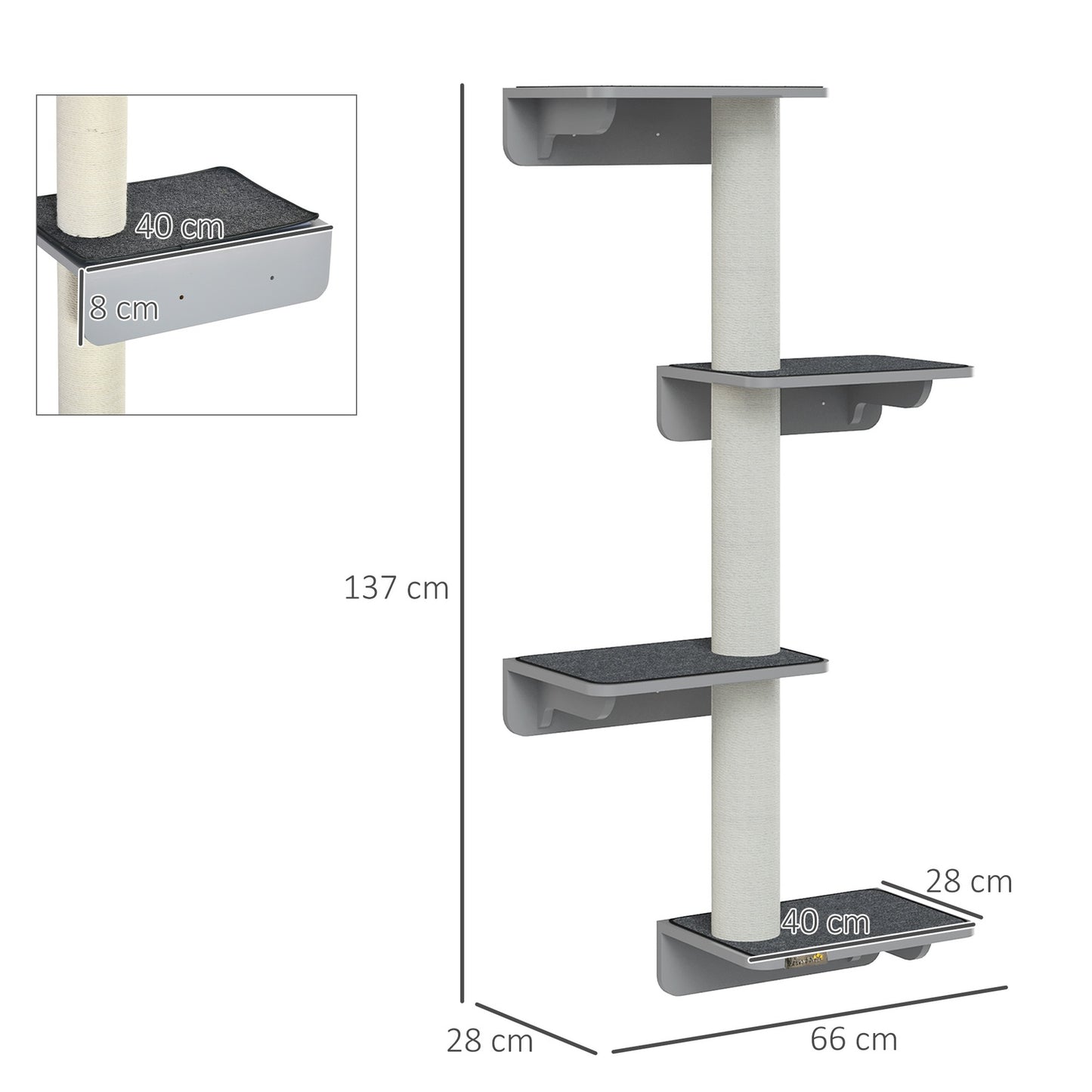 Wall-mounted cat climbing post, light gray beige wood
