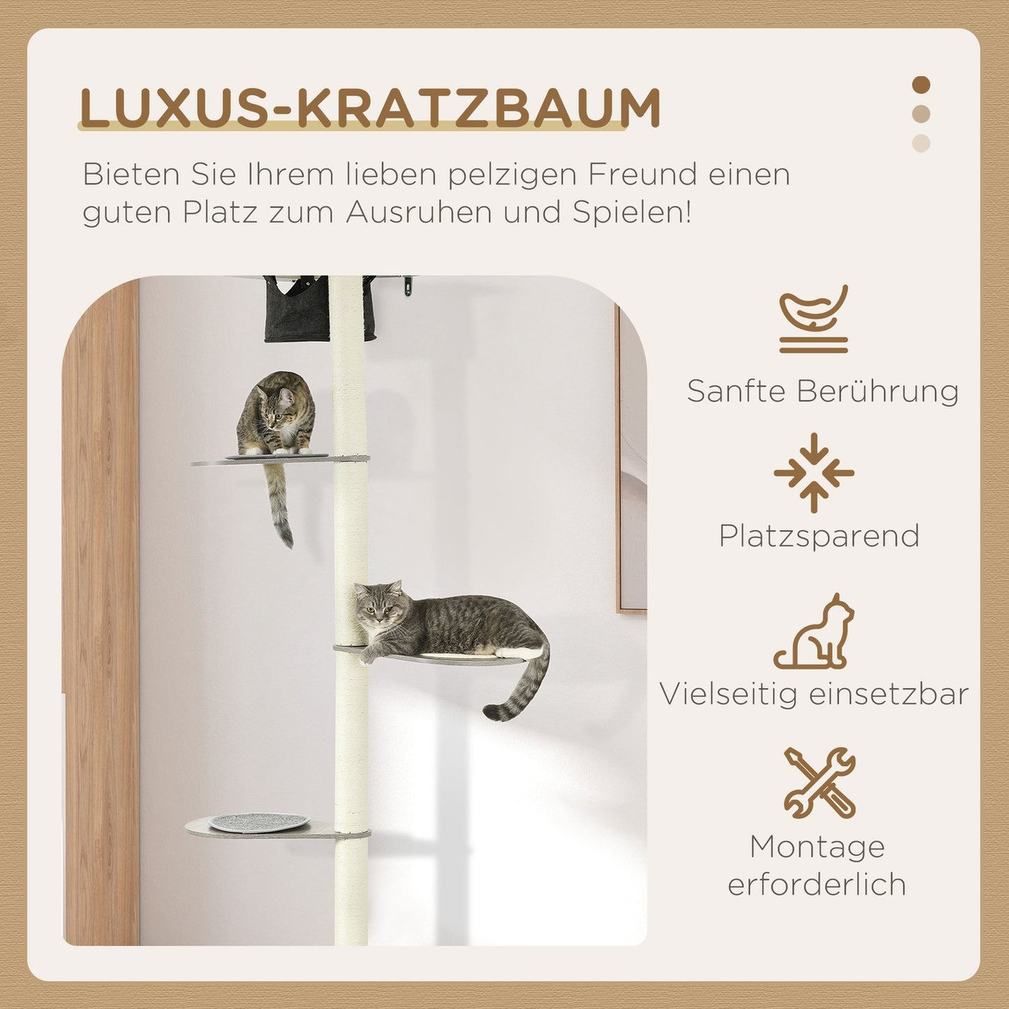 Cat tree with hammock, platforms and scratching post, 185 cm - grey/cream