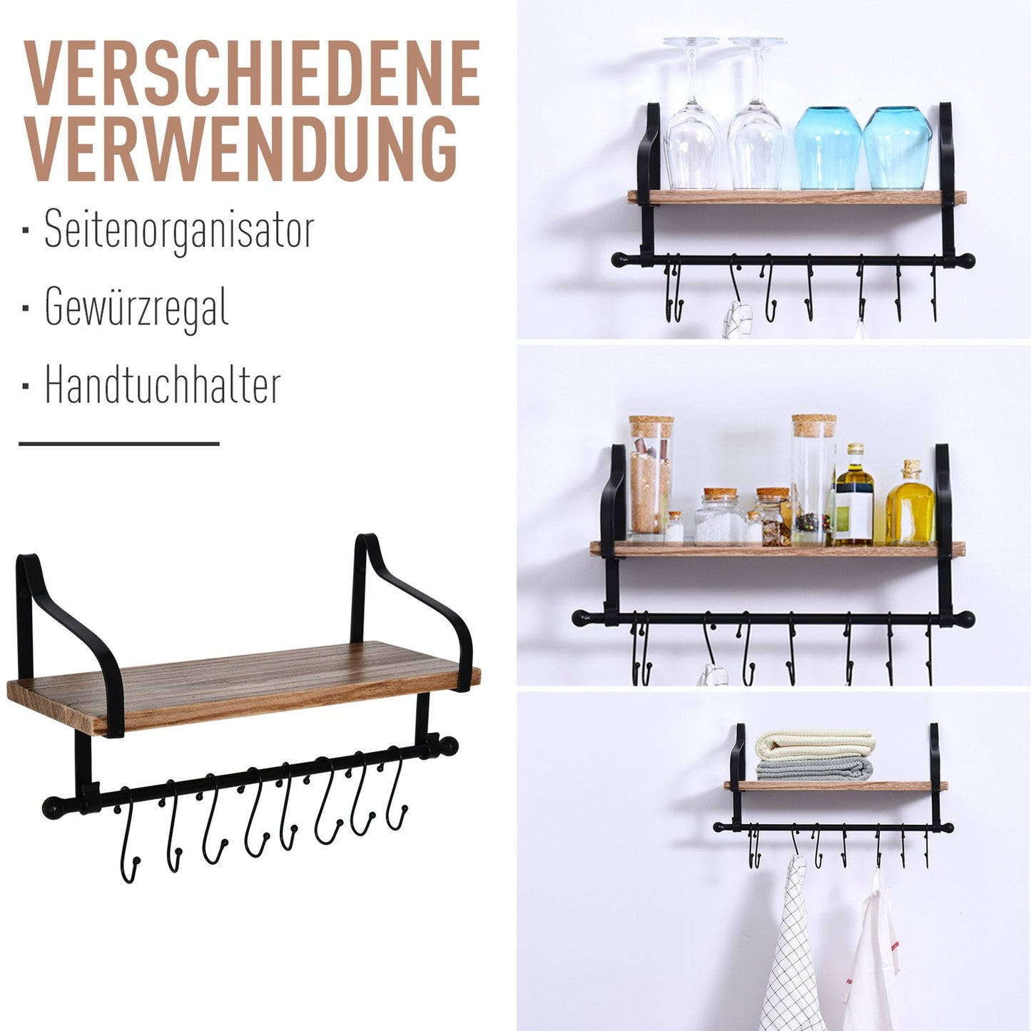 Floating wall shelf with 8 hooks, solid wood, black/natural