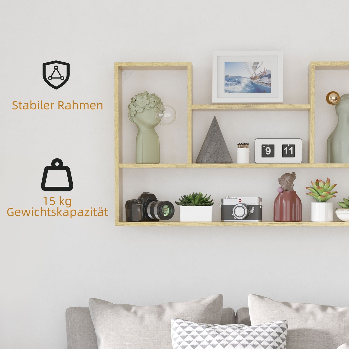 Floating wall shelf - 5 compartments, natural finish