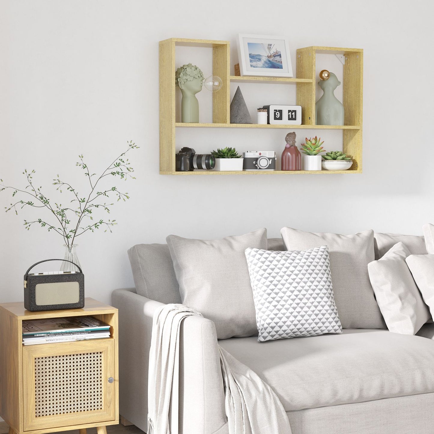 Floating wall shelf - 5 compartments, natural finish