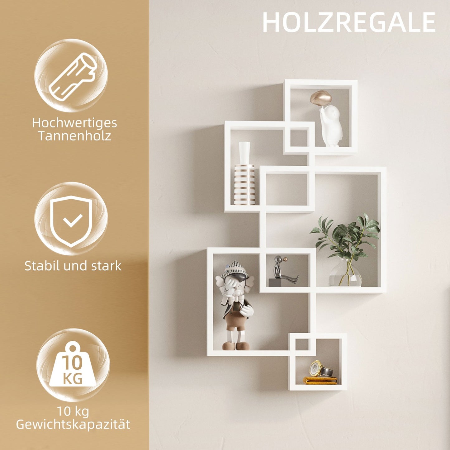 White spruce wood floating wall shelf - 5 cubes, 9 compartments