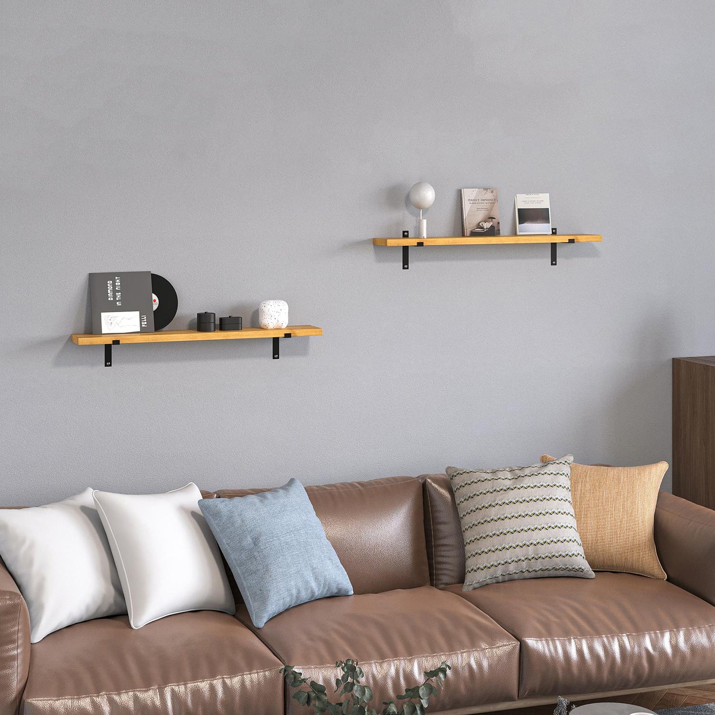 Floating wall shelves Set, Pine & Steel, 90x15x2.5cm