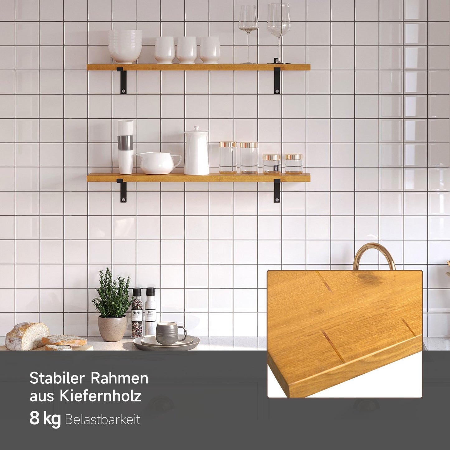 Floating wall shelves Set, Pine & Steel, 90x15x2.5cm