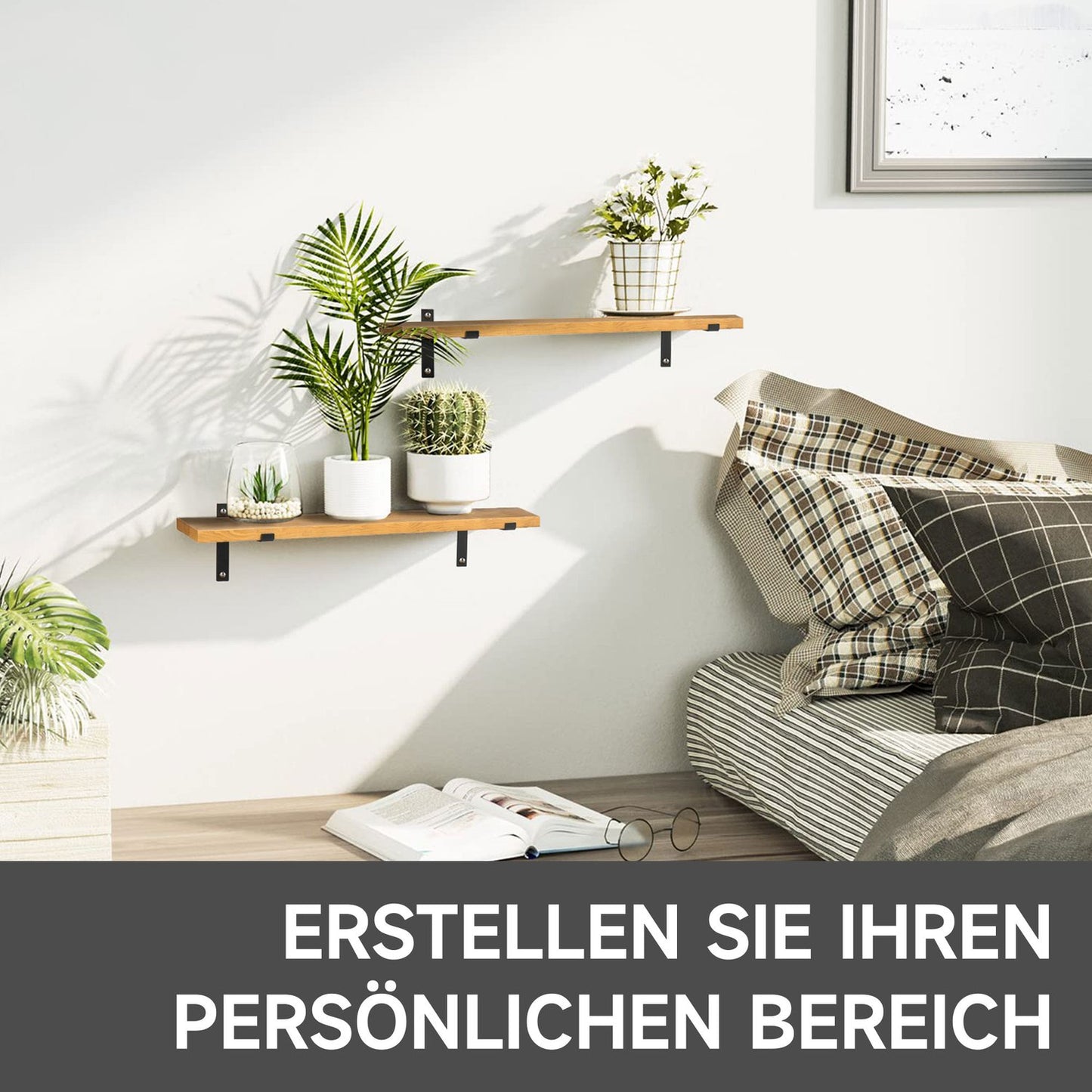 Floating wall shelves Set, Pine & Steel, 90x15x2.5cm