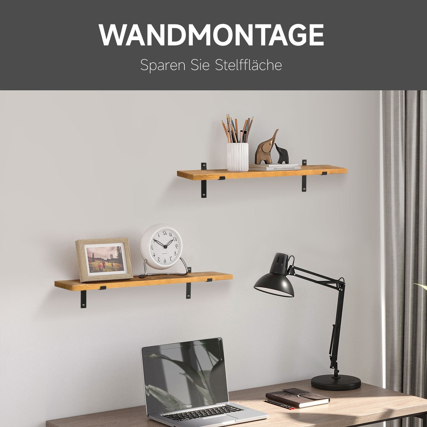 Floating wall shelves Set, Pine & Steel, 90x15x2.5cm