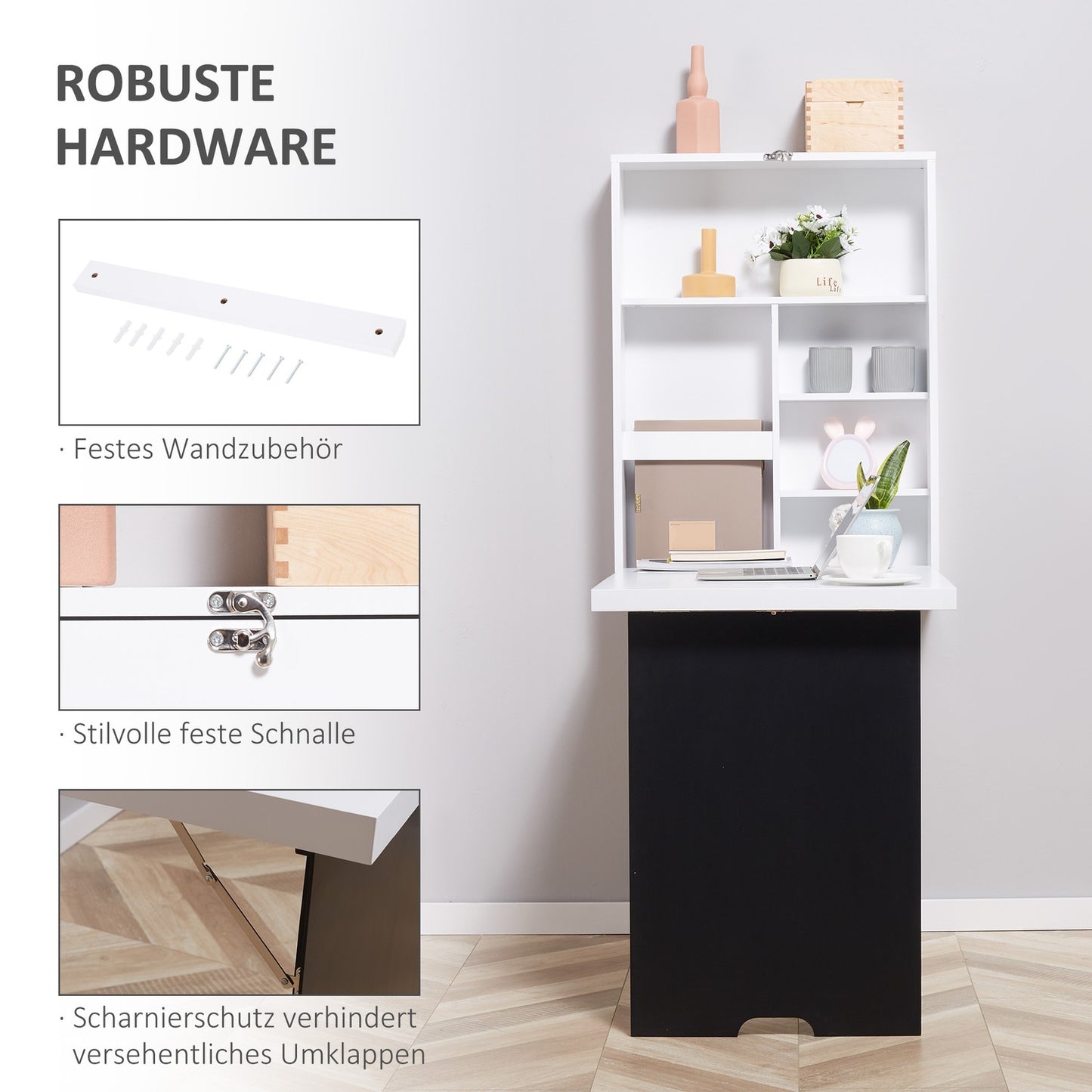 Folding desk, 5 compartments, white & black, 60x94.5x147cm