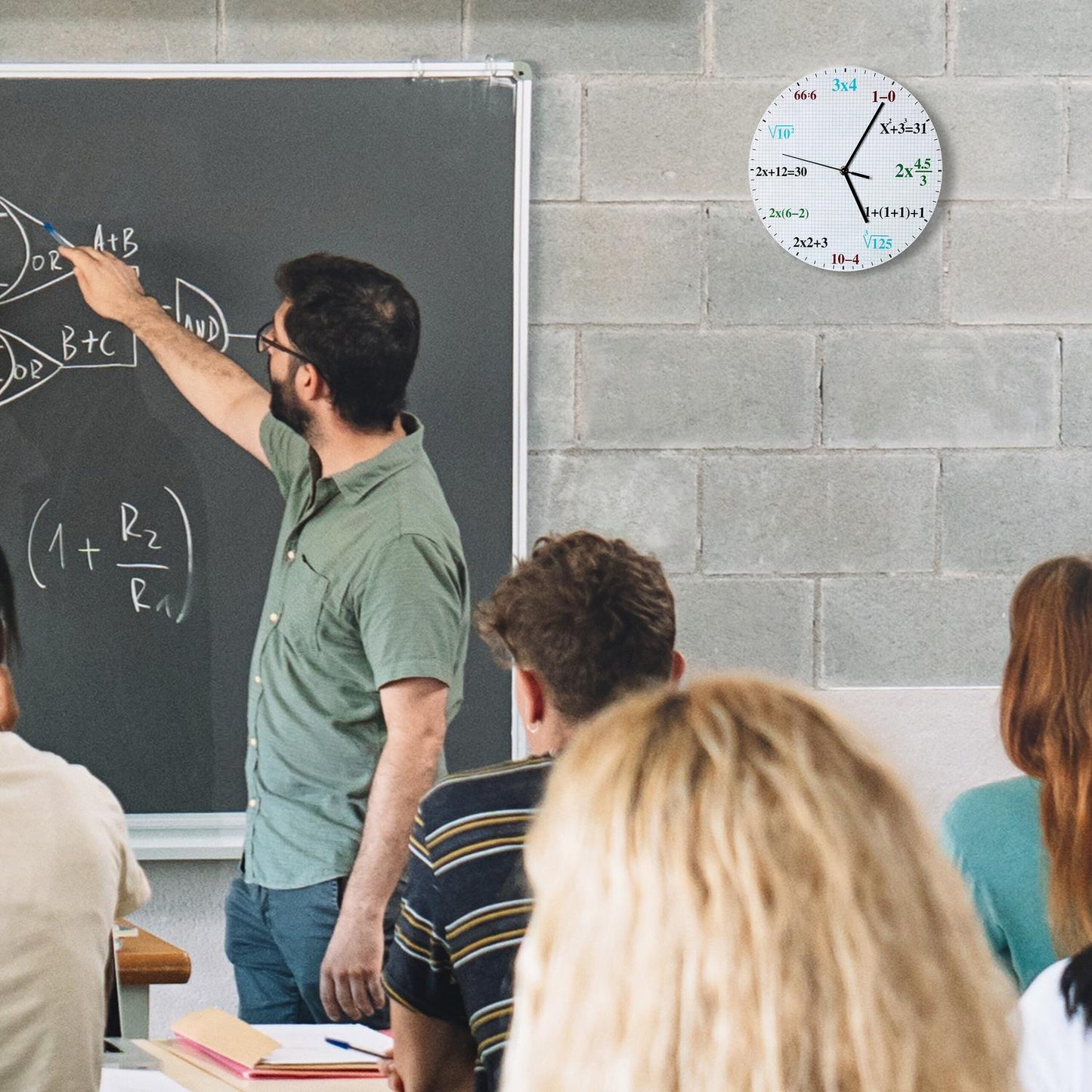 Wall clock with mathematical formulas