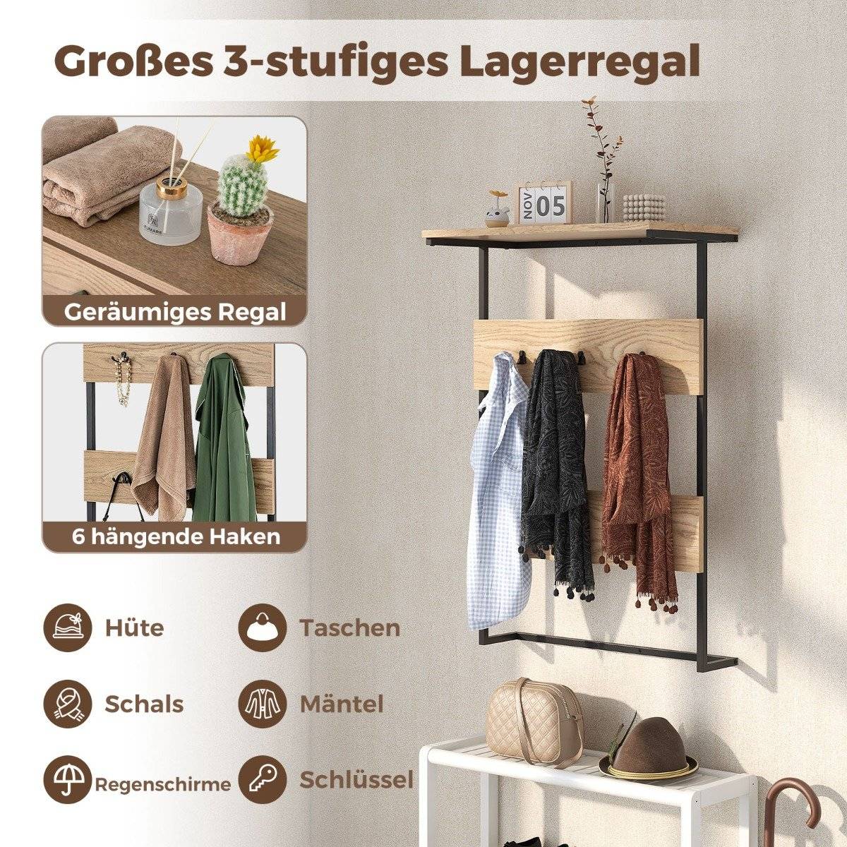 Wall coat rack with shelf & 6 hooks wall shelf industrial coat rack clothes rail