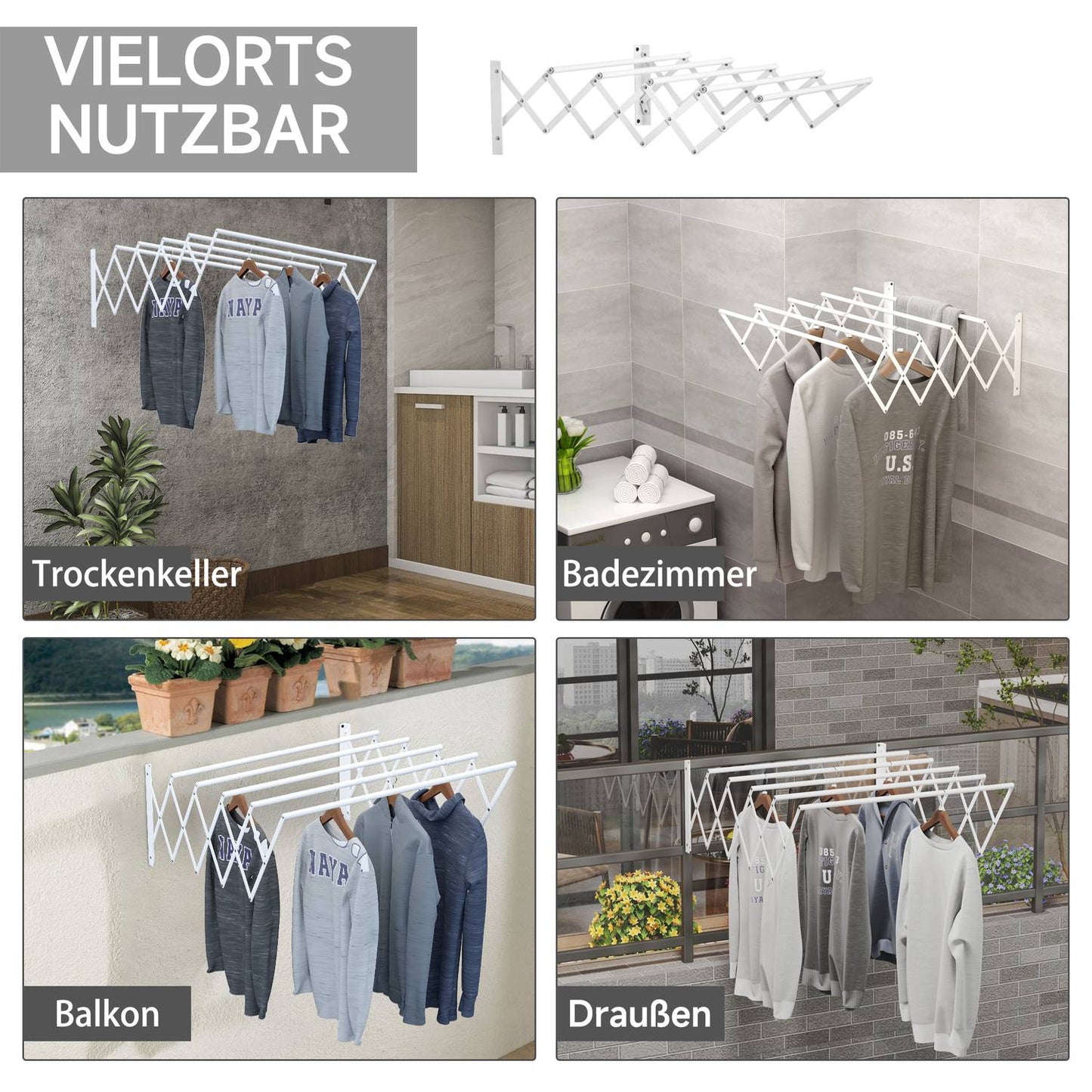 Space-saving wall dryer, white metal, indoor/outdoor