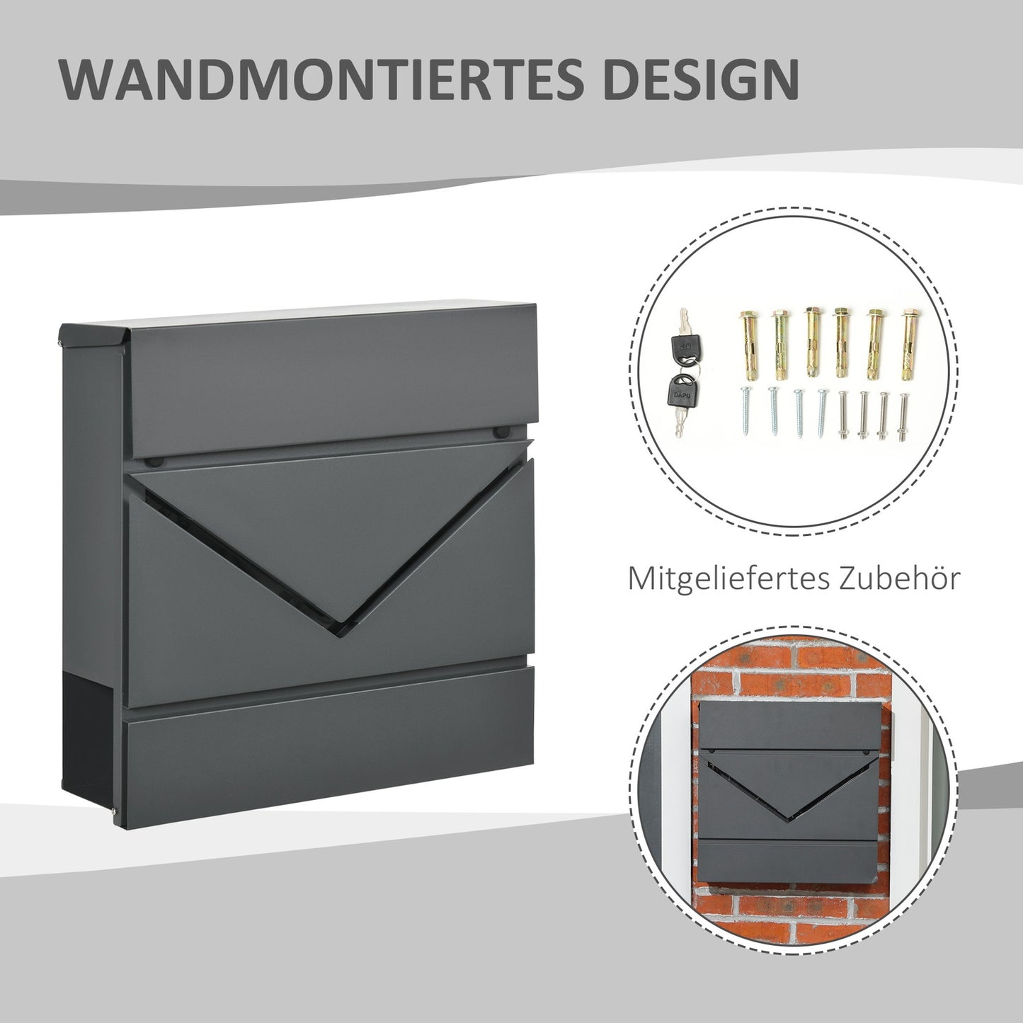 Outdoor wall mailbox with lock - galvanized steel, dark grey