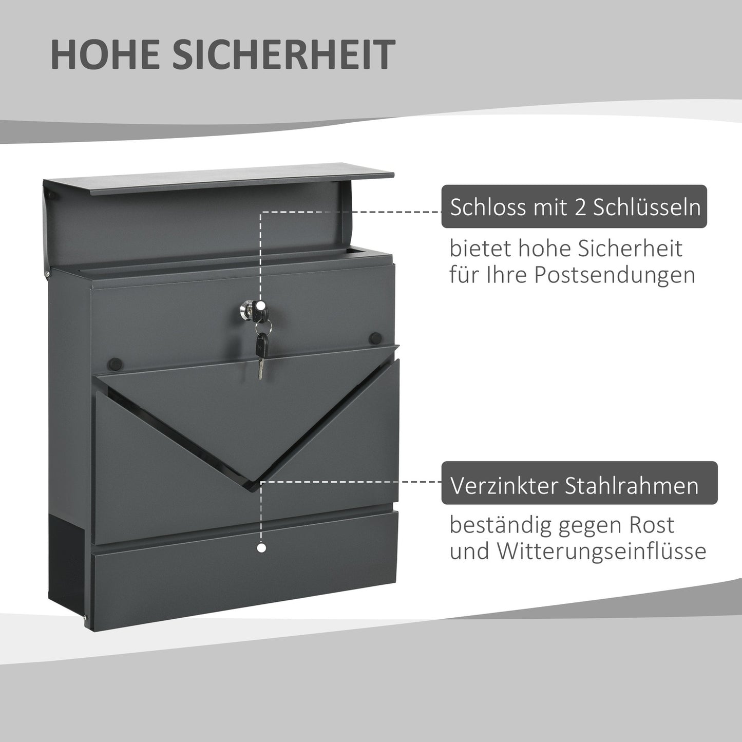 Outdoor wall mailbox with lock - galvanized steel, dark grey