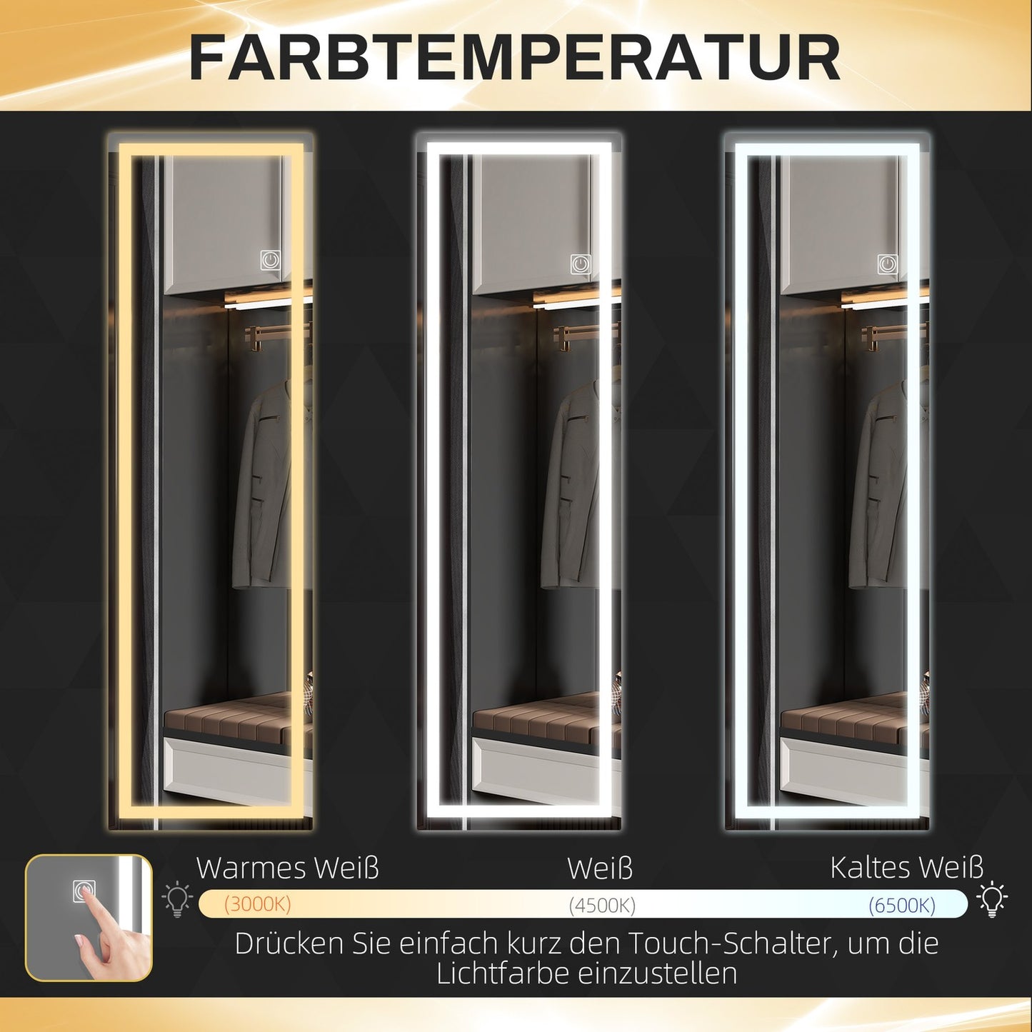 Full-length rectangular wall mirror with LED light, 120 x 40 cm