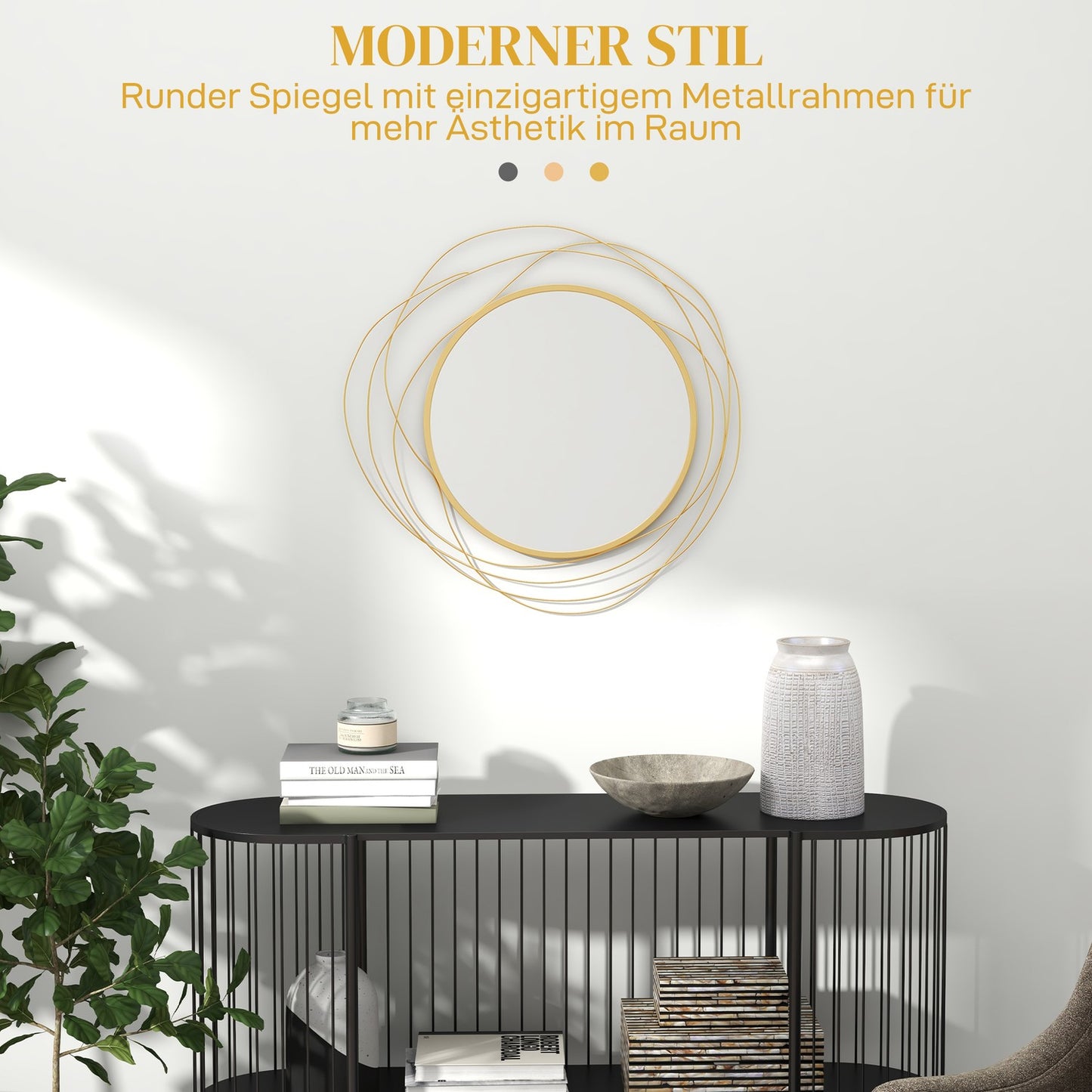 Gold round wall mirror, 65 cm - Metal frame, decorative