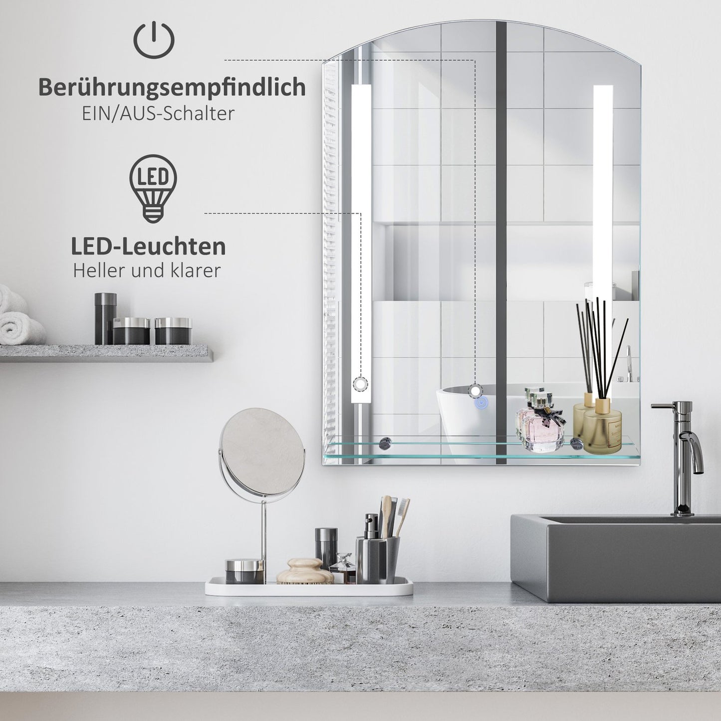 LED bathroom mirror with shelf, waterproof, 50x15.5x70cm
