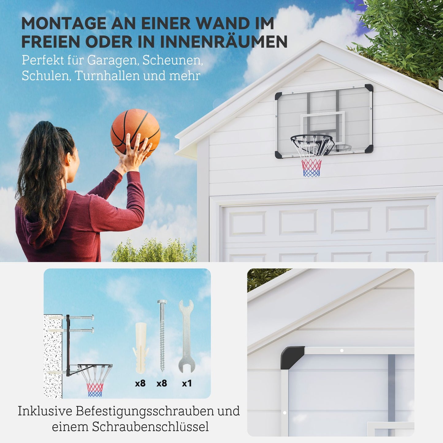 Outdoor wall-mounted basketball hoop with steel backboard