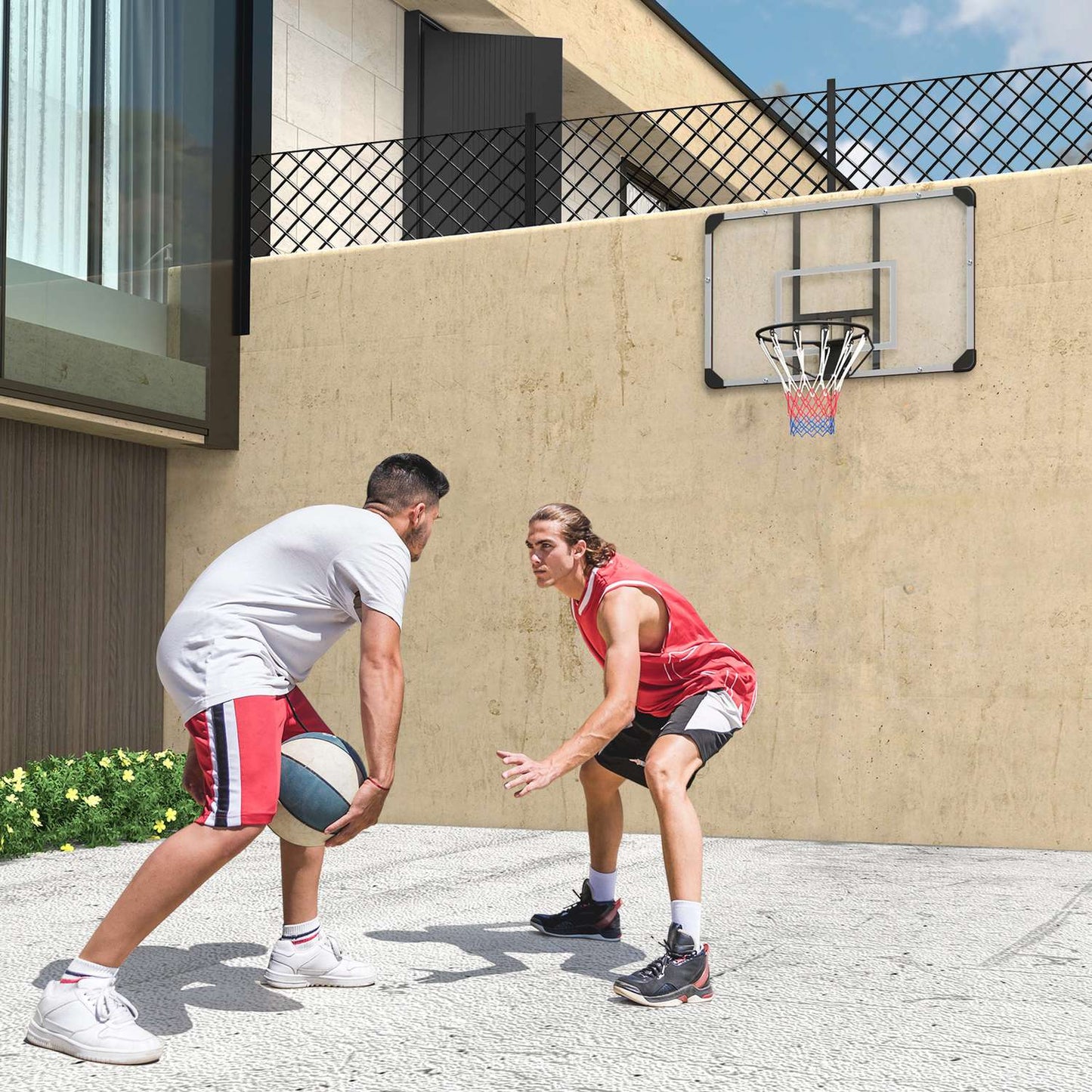 Outdoor wall-mounted basketball hoop with steel backboard