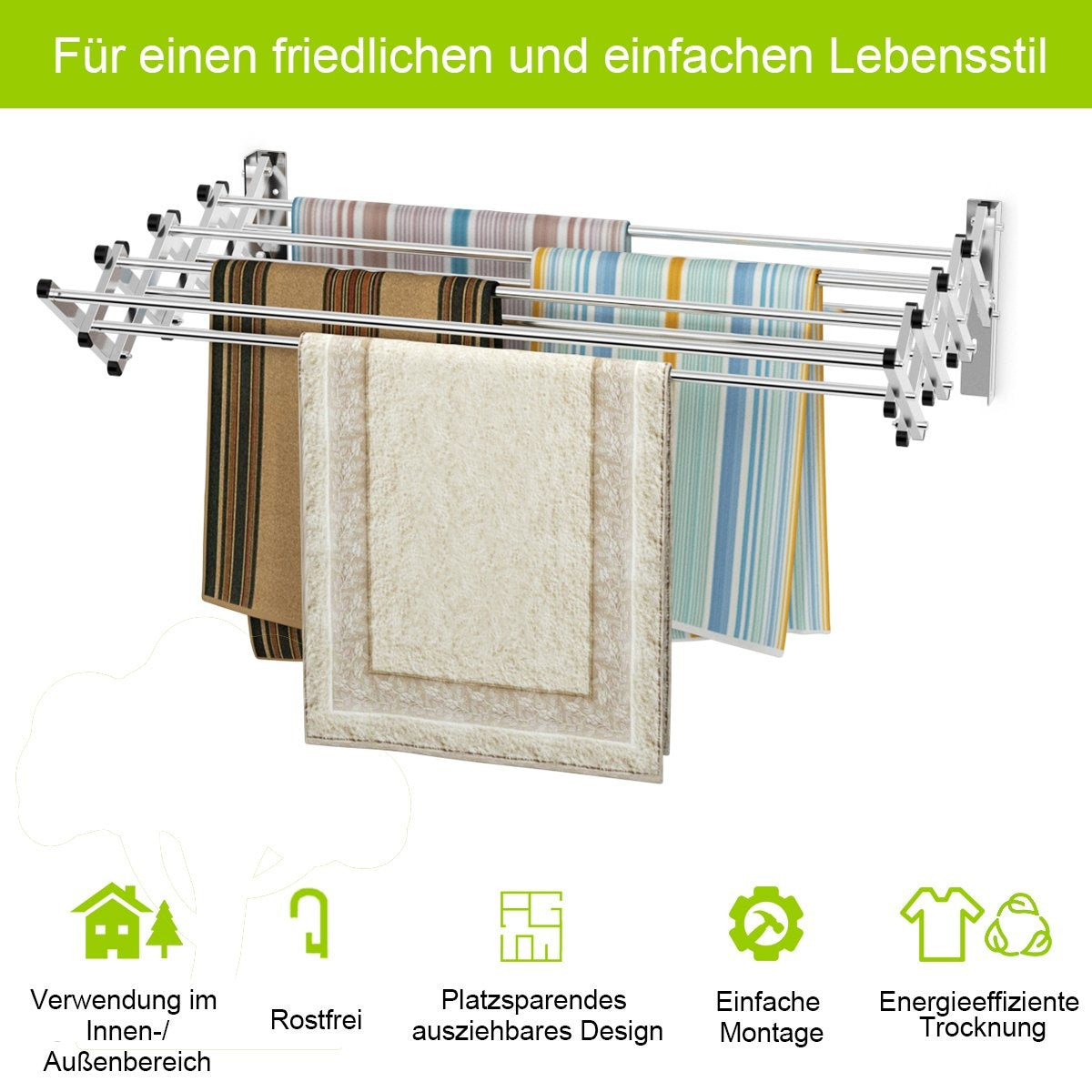 Wall-mounted clothes rack, extendable wall dryer made of stainless steel with 8 bars, load capacity 25 kg