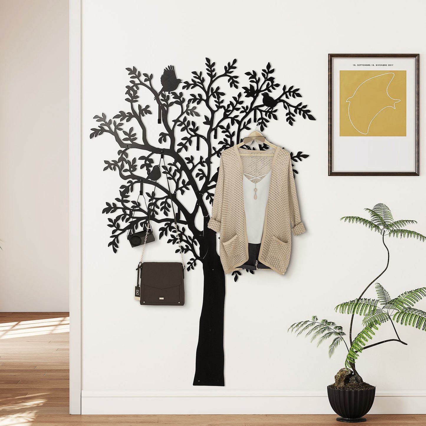 Wall-Mounted Metal Coat Rack with Tree and Bird Design