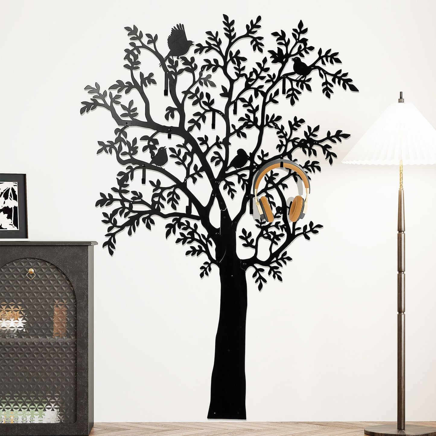 Wall-Mounted Metal Coat Rack with Tree and Bird Design