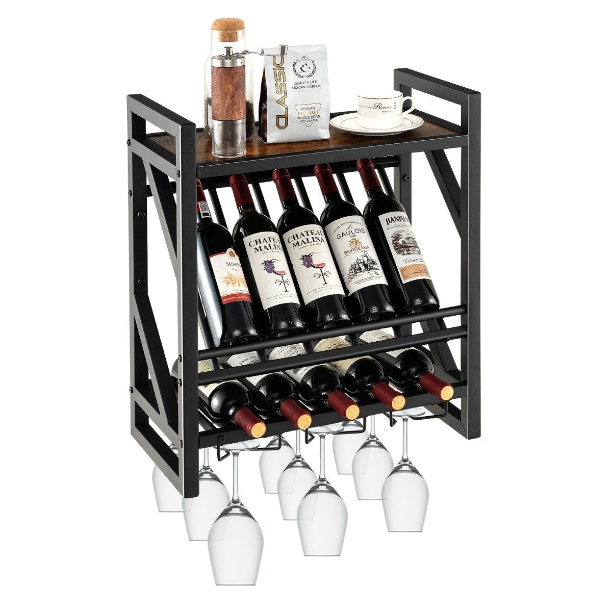 Wall mounted wine rack with 2 tier wine bottle rack & 3 rows for wine glass holder space saving wall wine rack