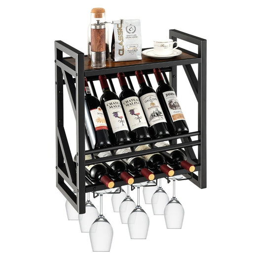 Wall mounted wine rack with 2 tier wine bottle rack & 3 rows for wine glass holder space saving wall wine rack