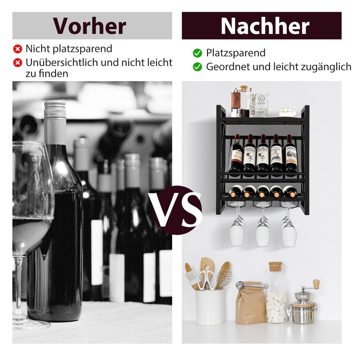 Wall mounted wine rack with 2 tier wine bottle rack & 3 rows for wine glass holder space saving wall wine rack