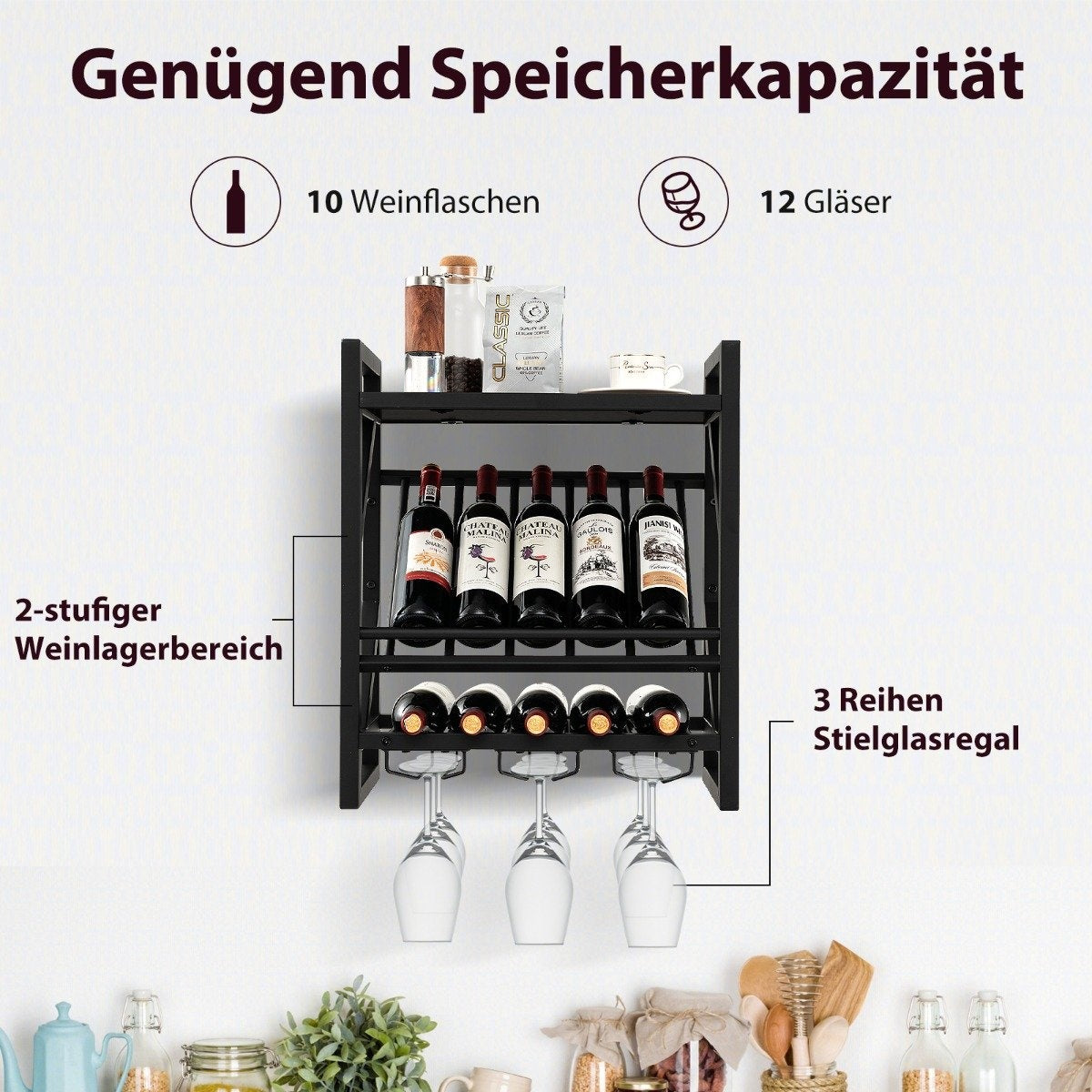 Wall mounted wine rack with 2 tier wine bottle rack & 3 rows for wine glass holder space saving wall wine rack