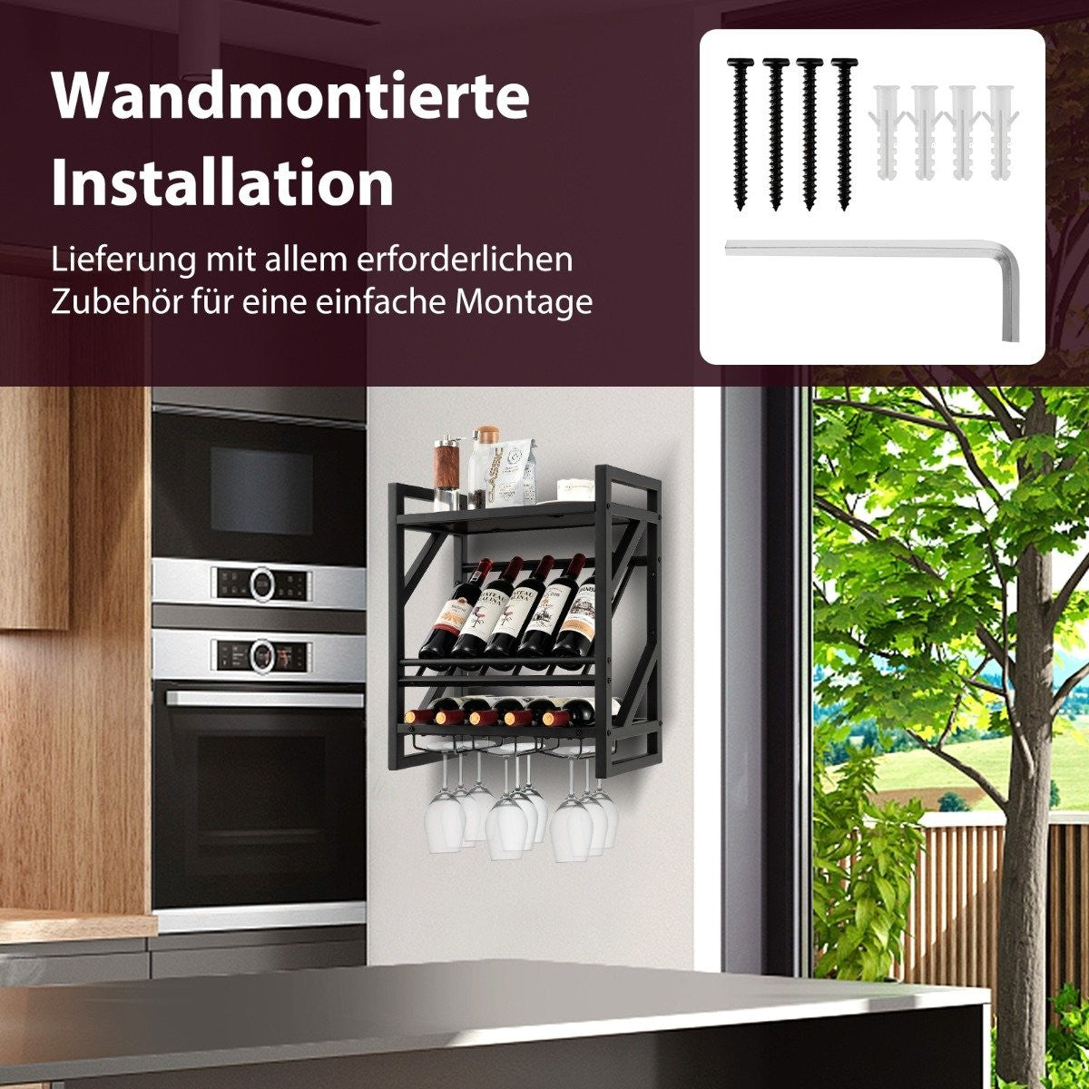 Wall mounted wine rack with 2 tier wine bottle rack & 3 rows for wine glass holder space saving wall wine rack