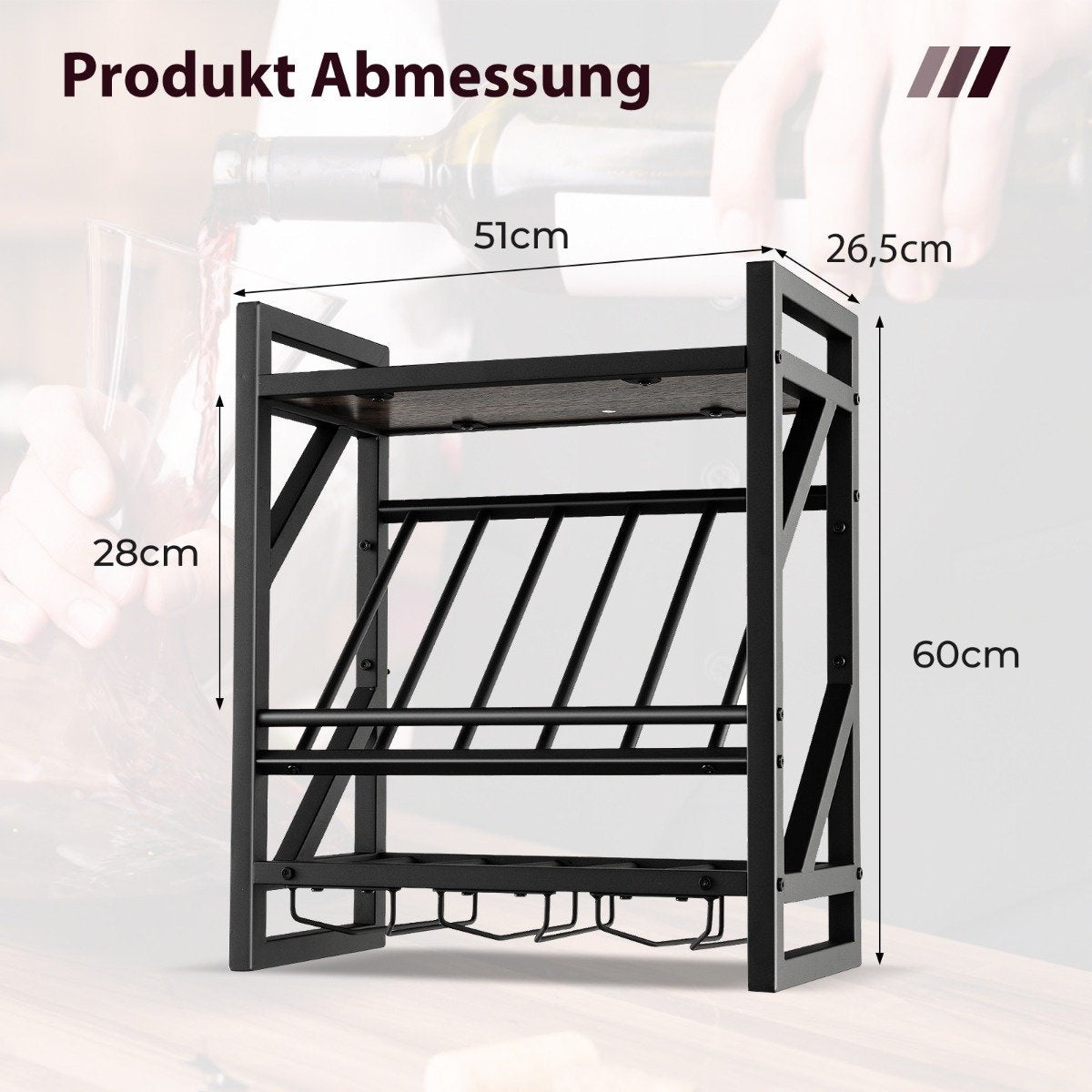 Wall mounted wine rack with 2 tier wine bottle rack & 3 rows for wine glass holder space saving wall wine rack