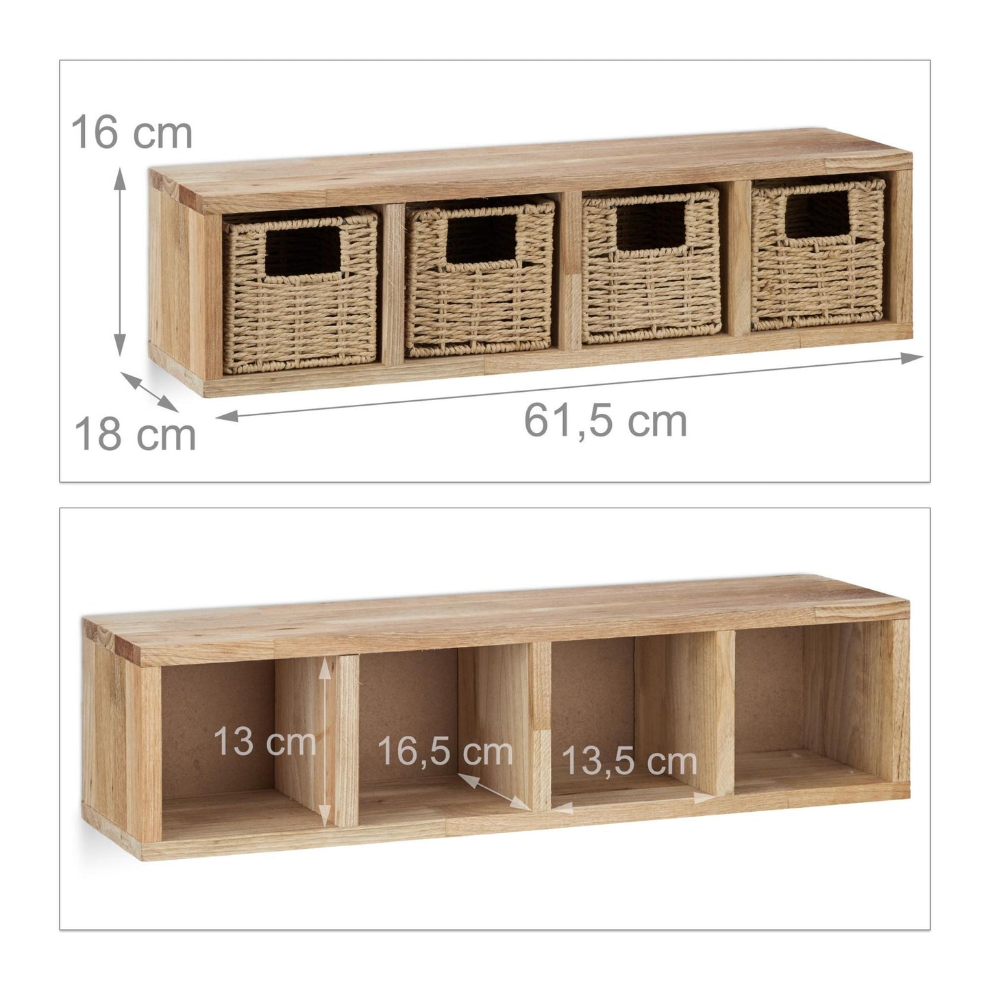Wall shelf in walnut with baskets