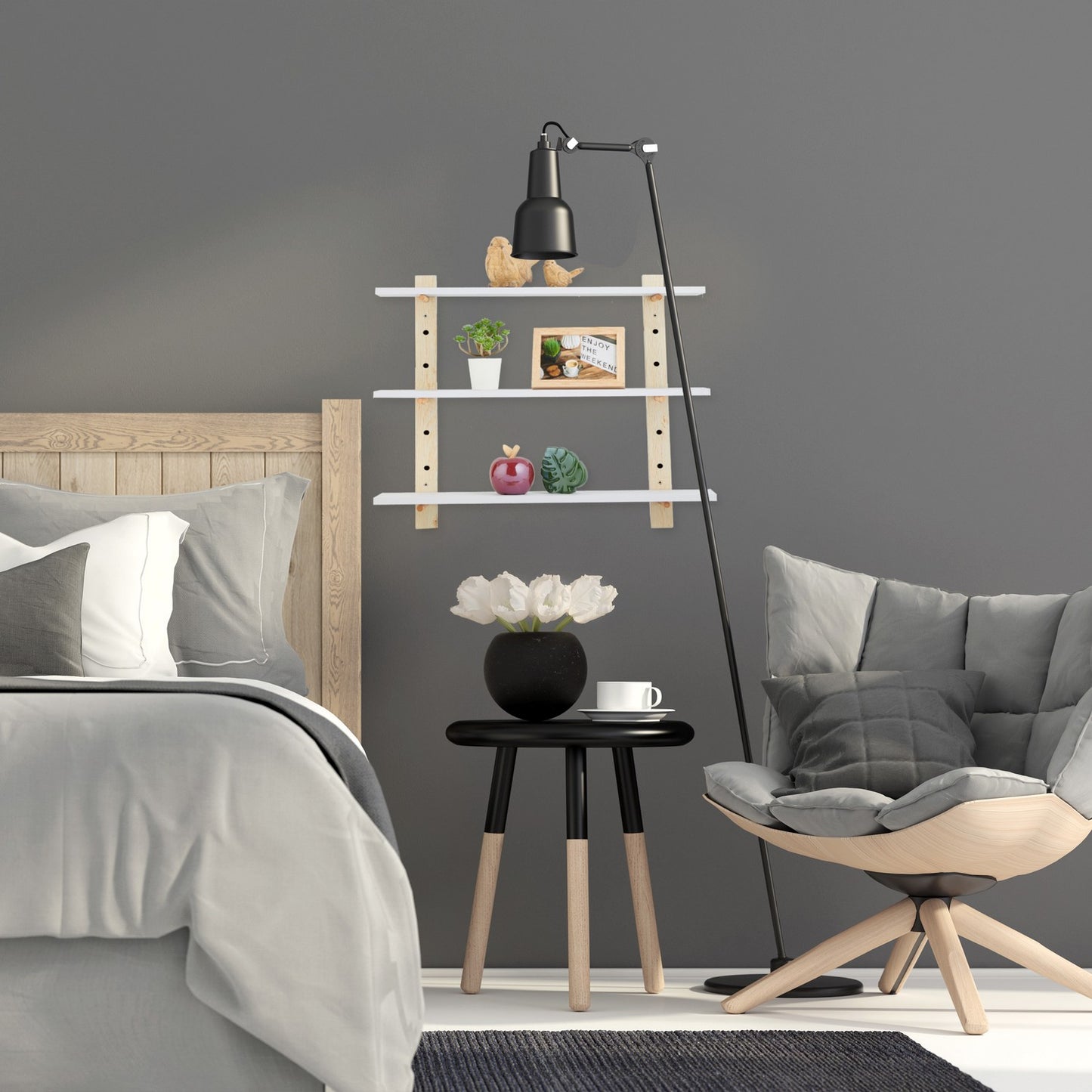 Wall shelf in wood effect with 3 shelves