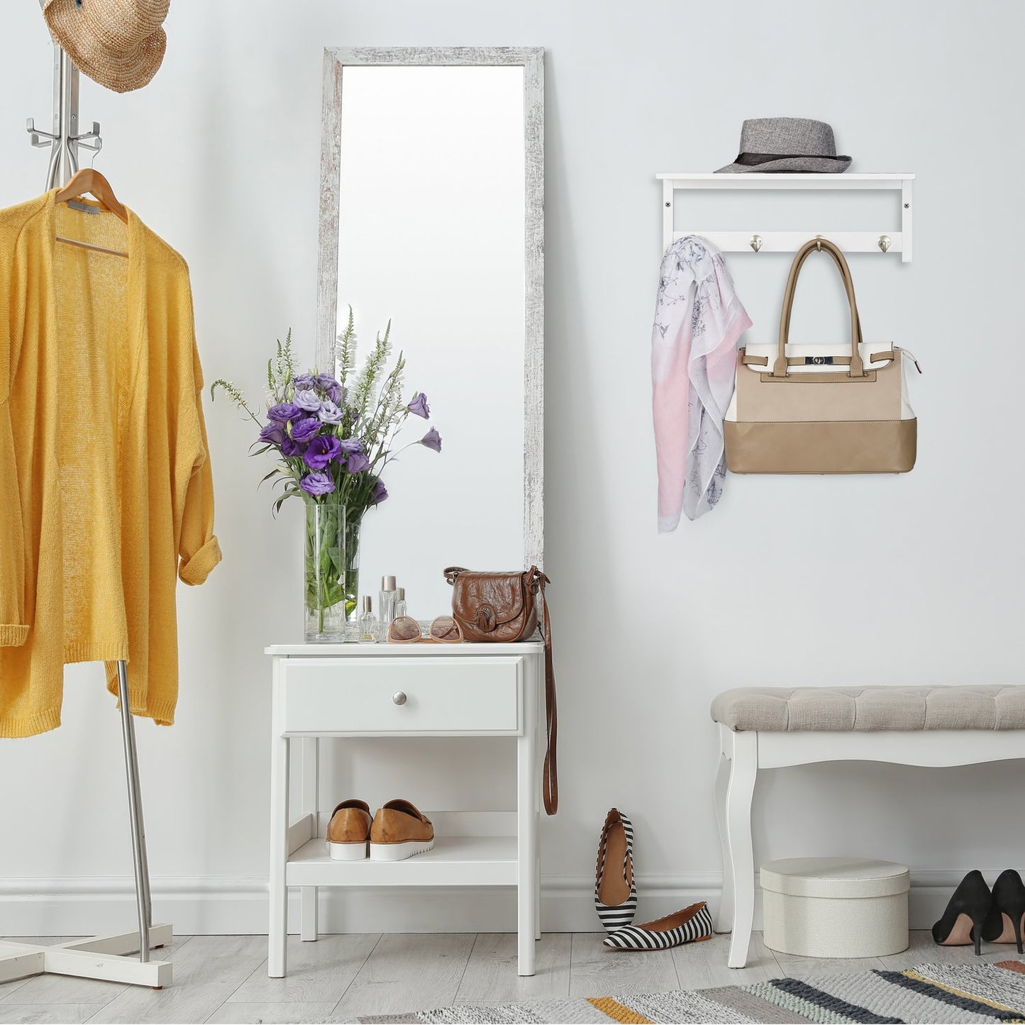 Wall shelf with hanging hooks