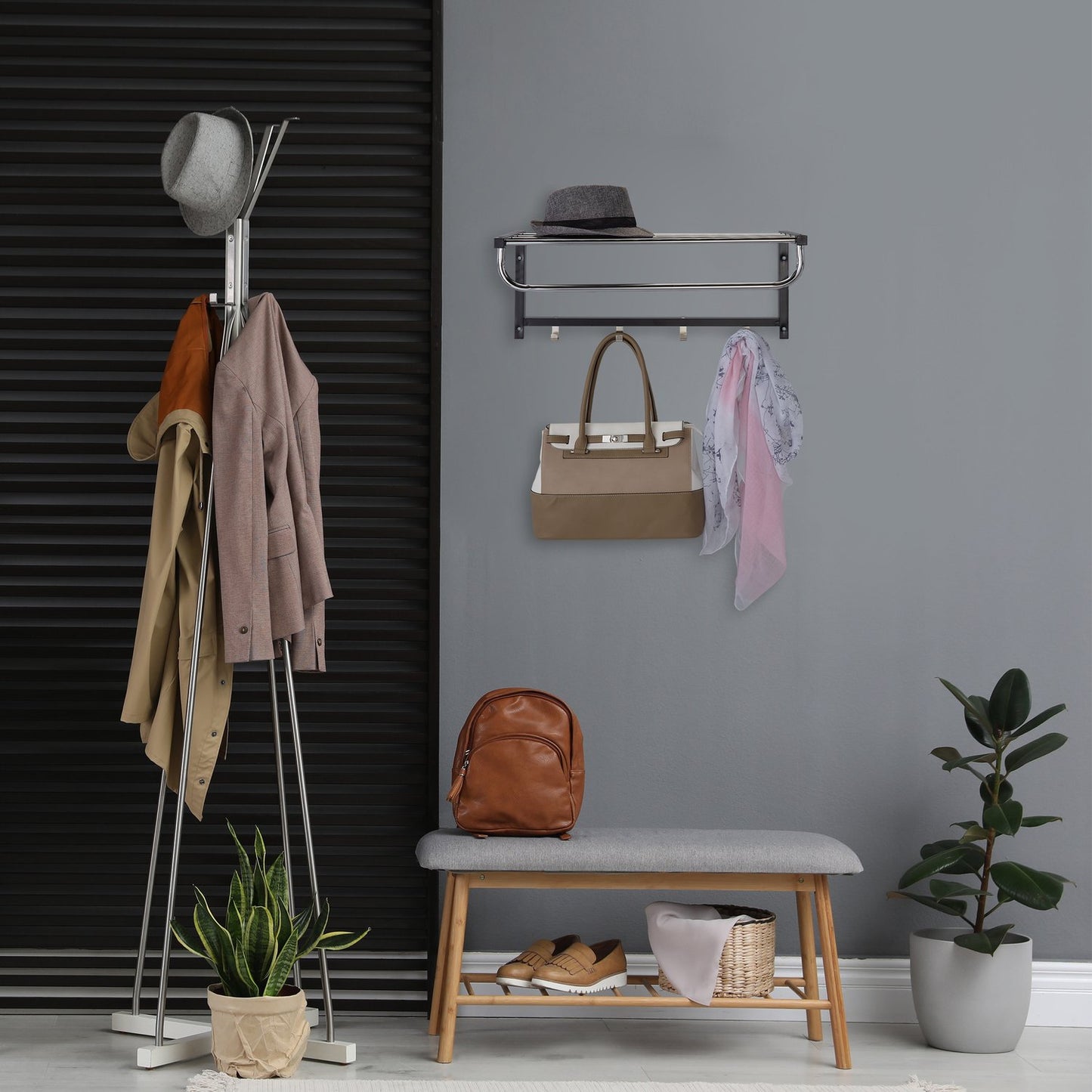 Wall shelf with hook strip