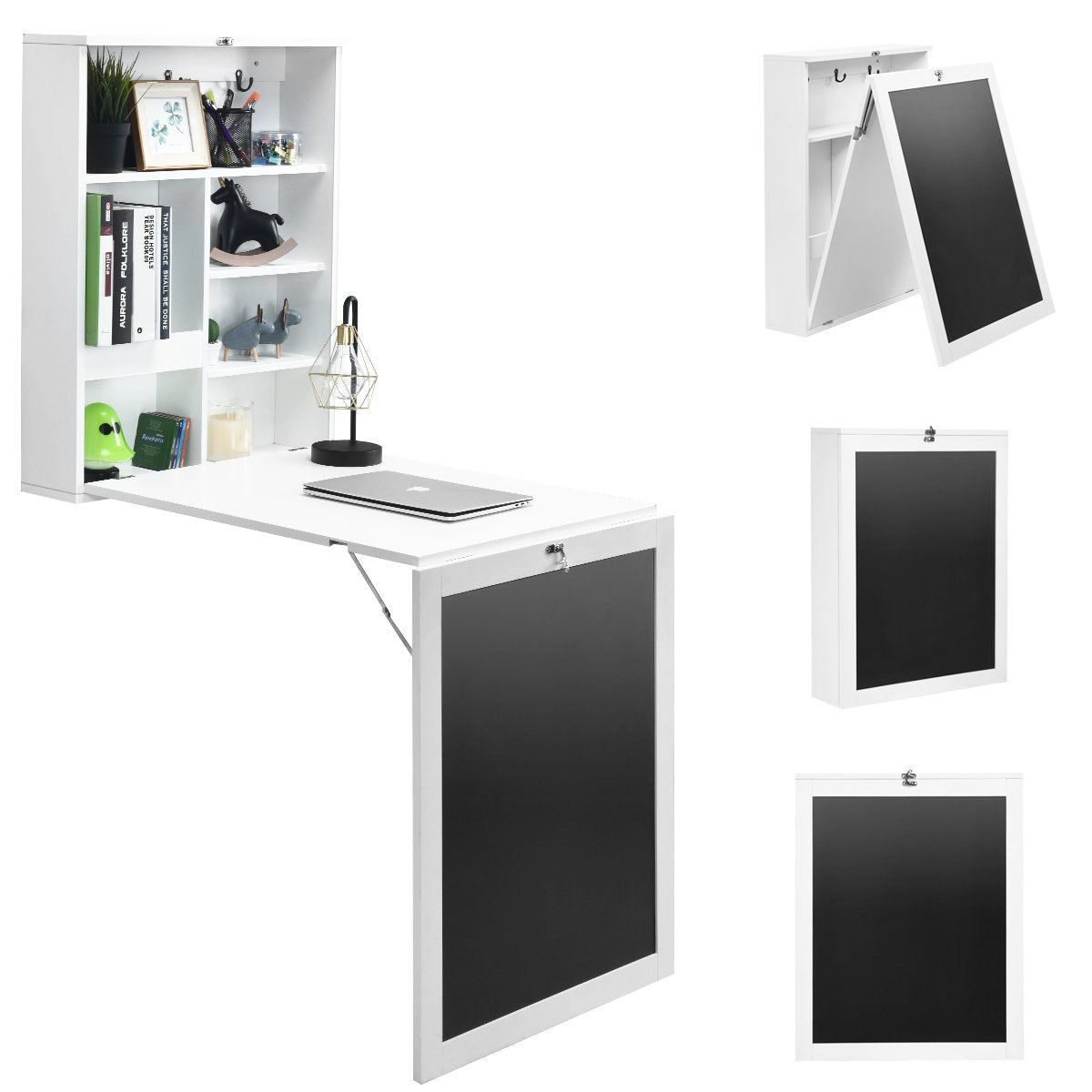 Wall table folding wall folding table convertible desk with board white/black 60 x 15.5 x 75 cm-white