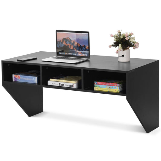 Wall table wood wall-mountable computer table with 3 shelves 108 x 53 x 52 cm black