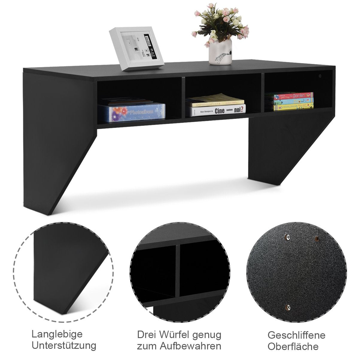 Wall table wood wall-mountable computer table with 3 shelves 108 x 53 x 52 cm black