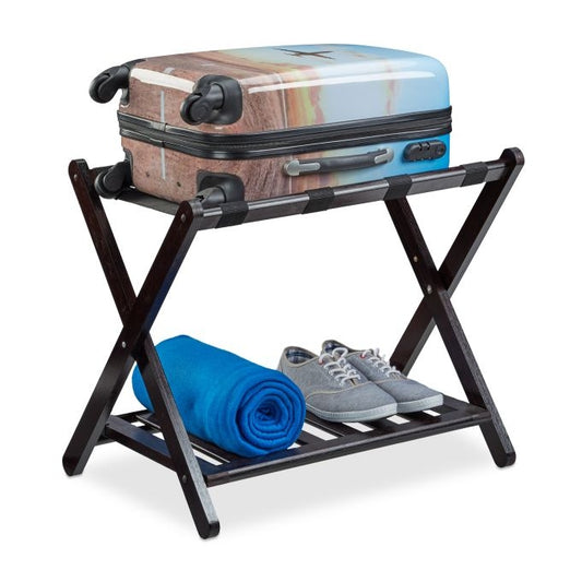 Walnut Folding Luggage Rack; Wooden Travel Accessory Holder Stand Brown