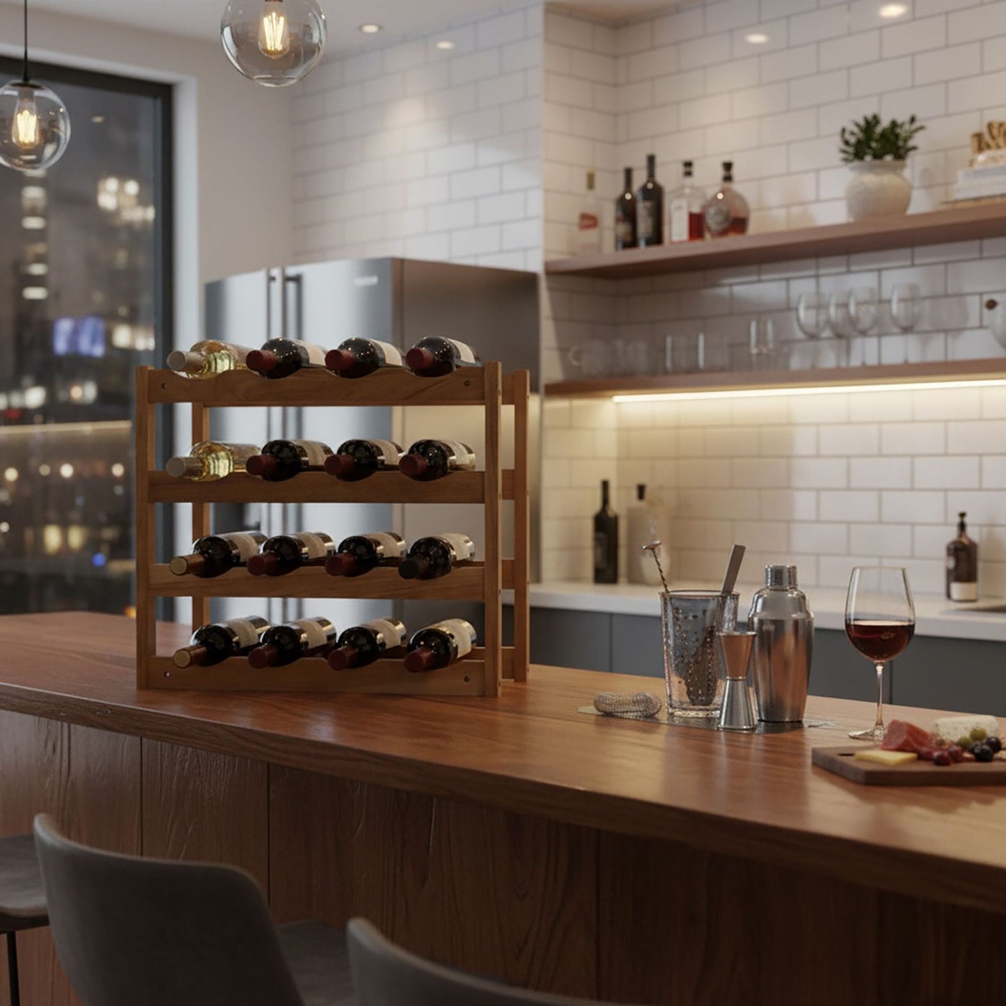 Walnut Wine Rack, Holds 16 Bottles, Compact Design