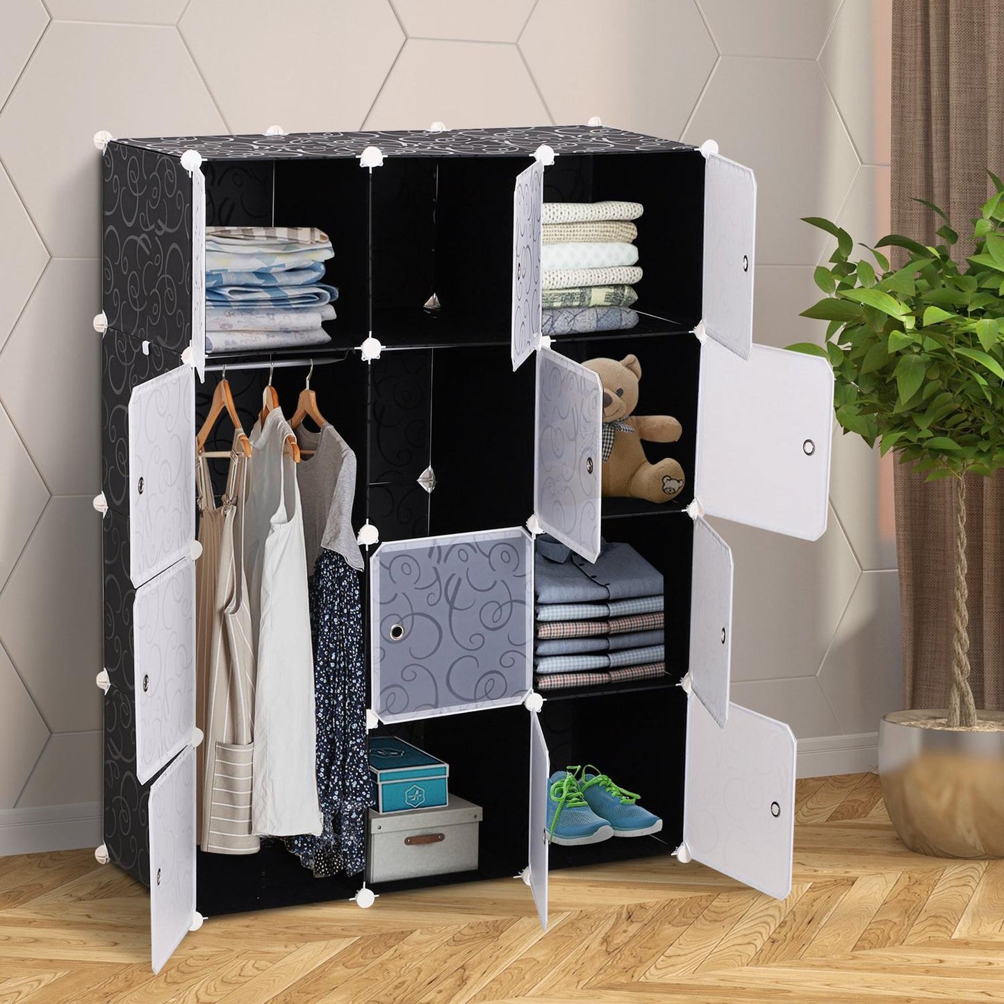 Modular black & white PP wardrobe with clothes rail